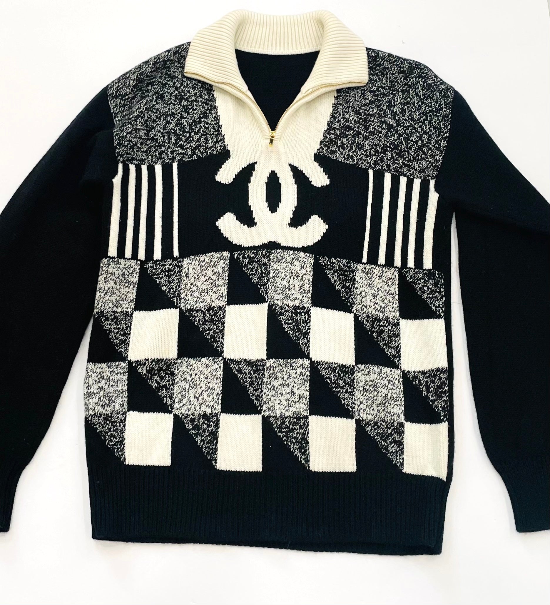 CHANEL CC COLORBLOCK QUARTER ZIP CASHMERE SWEATER
