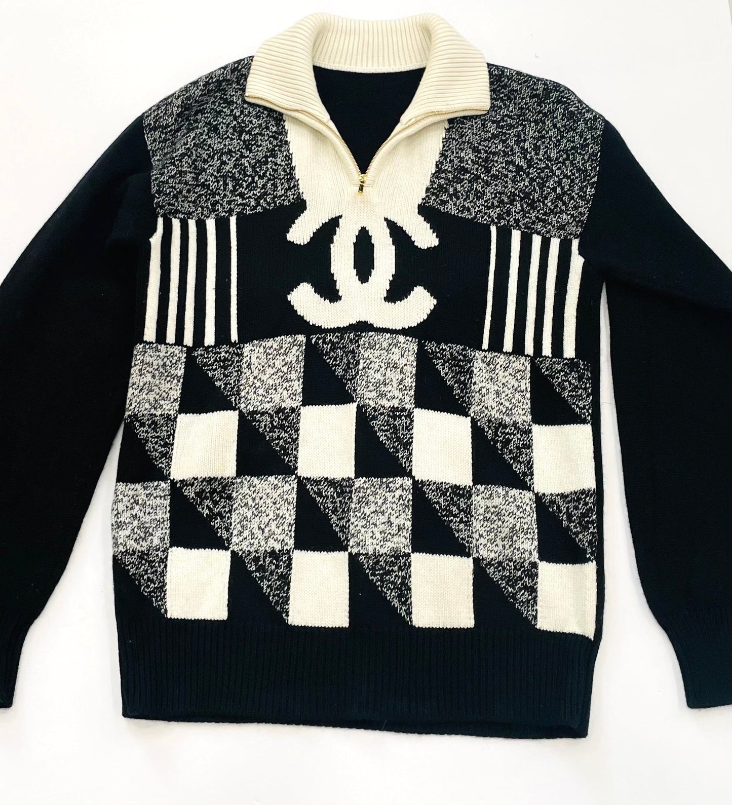 Chanel CC Colorblock Quarter Zip Cashmere Sweater Handbag