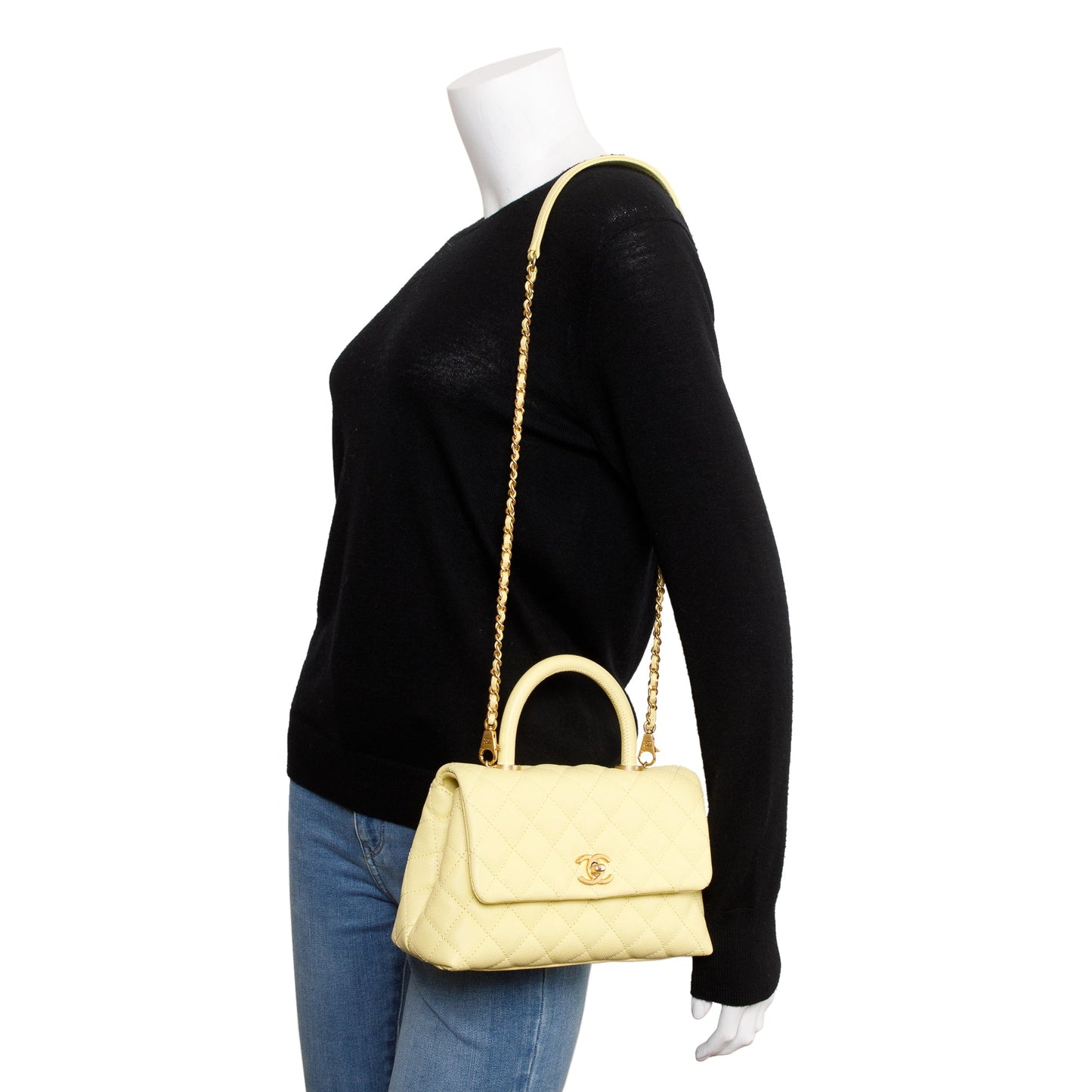 Chanel Quilted Caviar Coco Handle Leather Yellow Travel Bag
