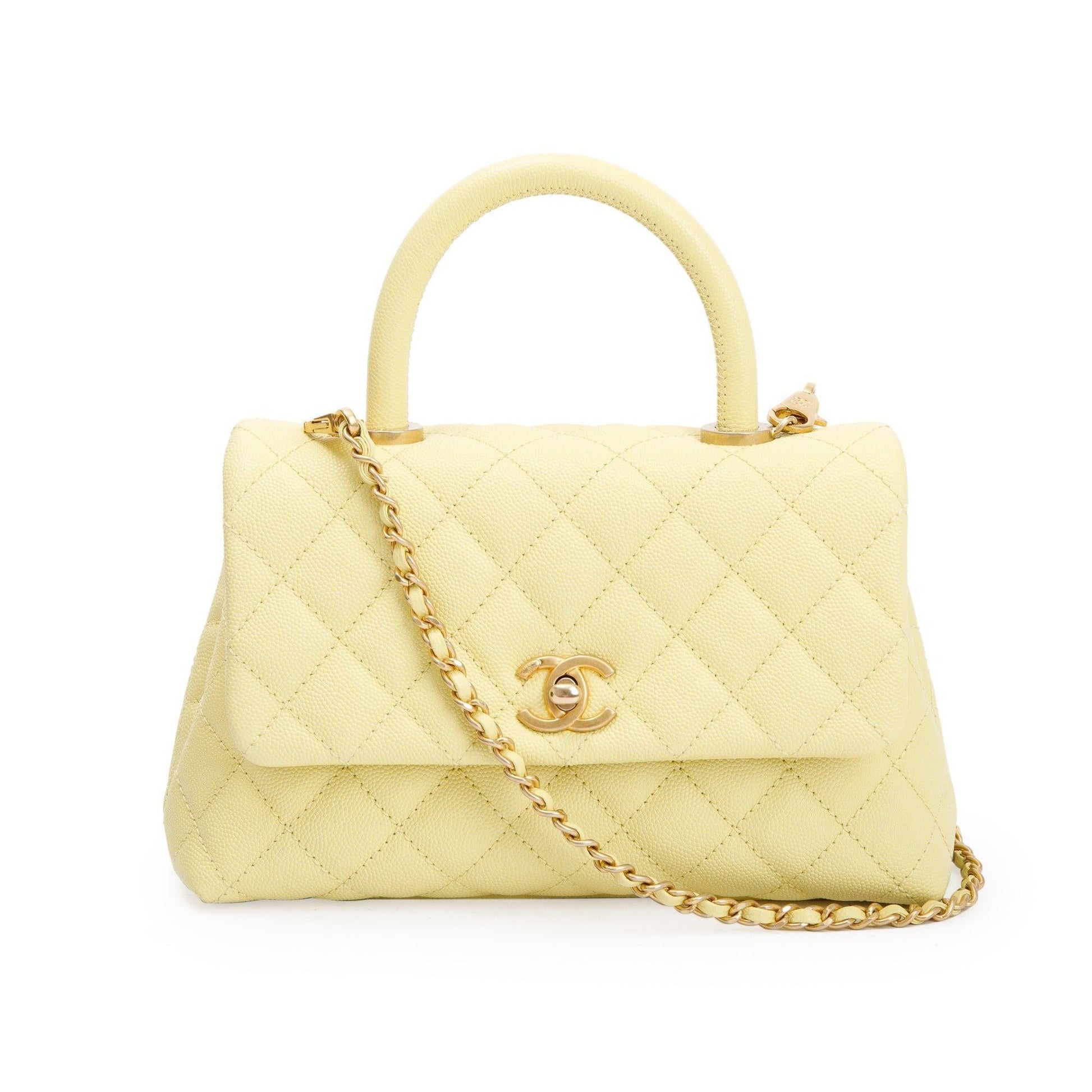 Chanel Quilted Caviar Coco Handle Leather Yellow Travel Bag