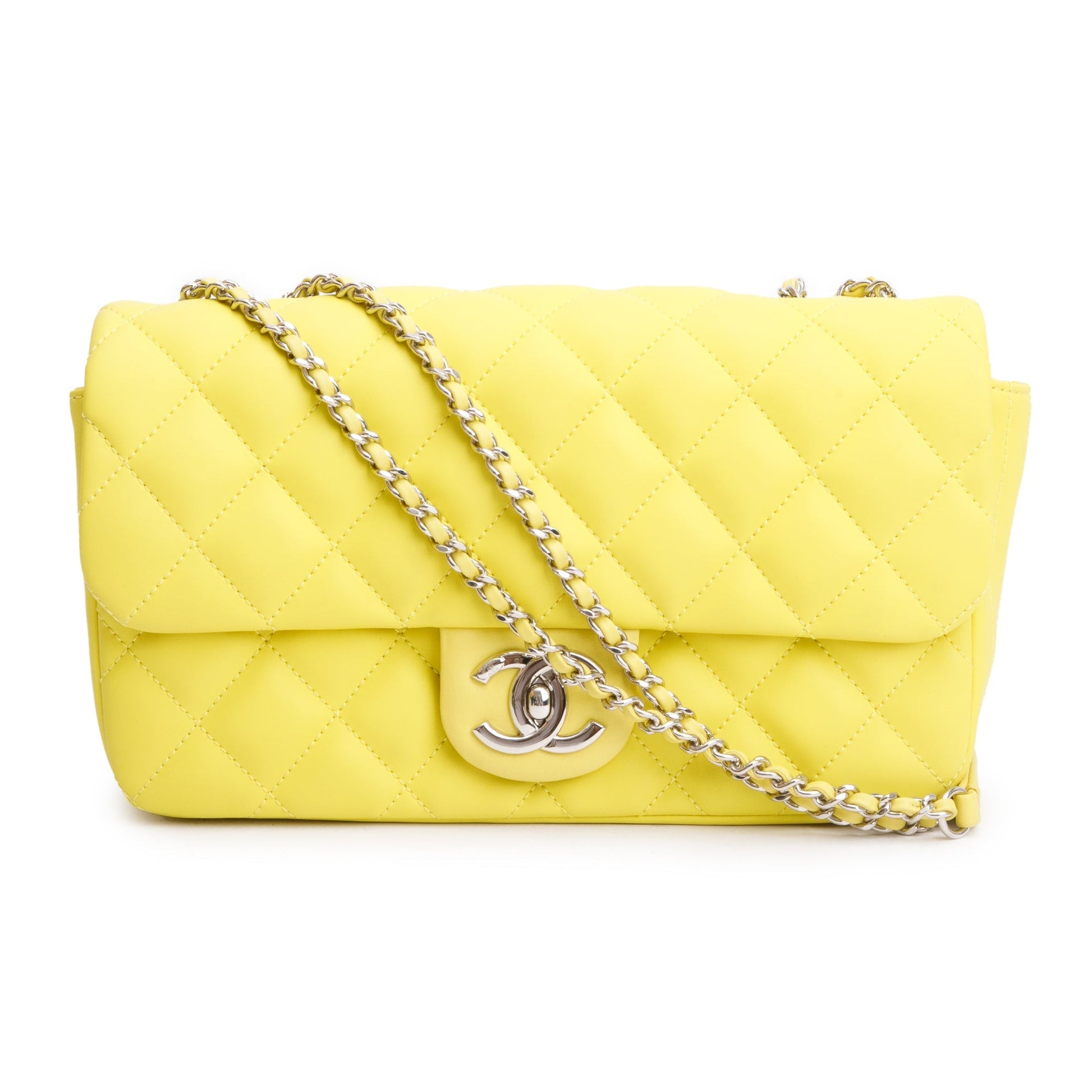 Chanel Quilted Rain Flap Leather Lambskin Yellow Travel Bag