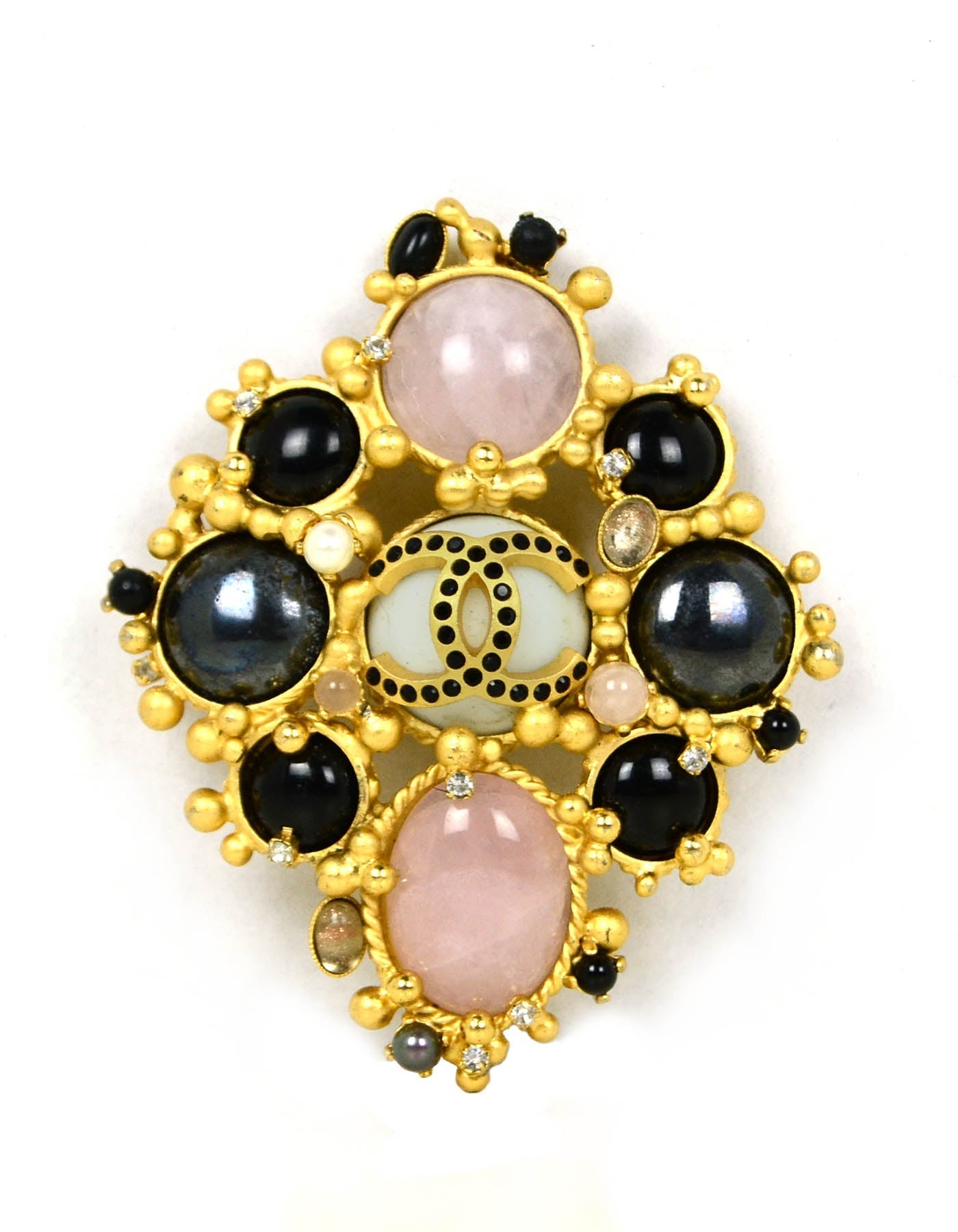 Chanel Black & Pink Stone Cc Brooch W/ Faux Pearls & Crystals