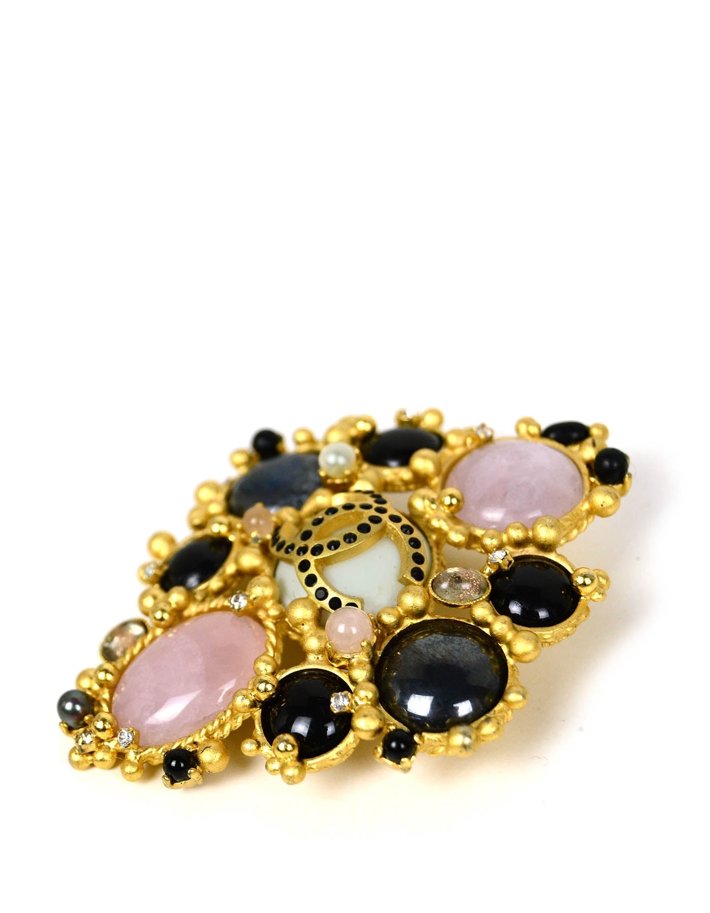 Chanel Black & Pink Stone Cc Brooch W/ Faux Pearls & Crystals