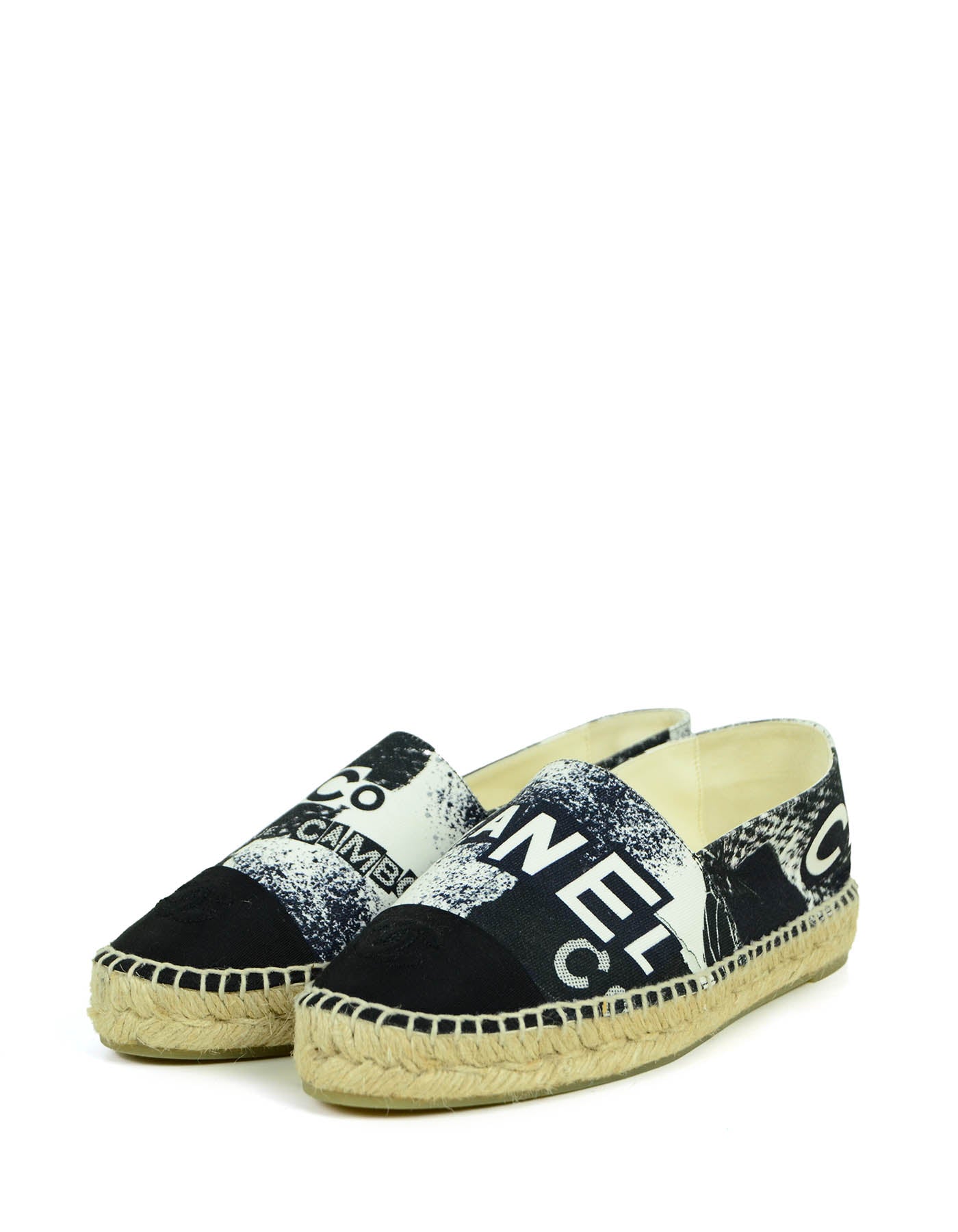 Chanel Black/White Cambon Logo Print Espadrilles Sz 39 Women Shoes