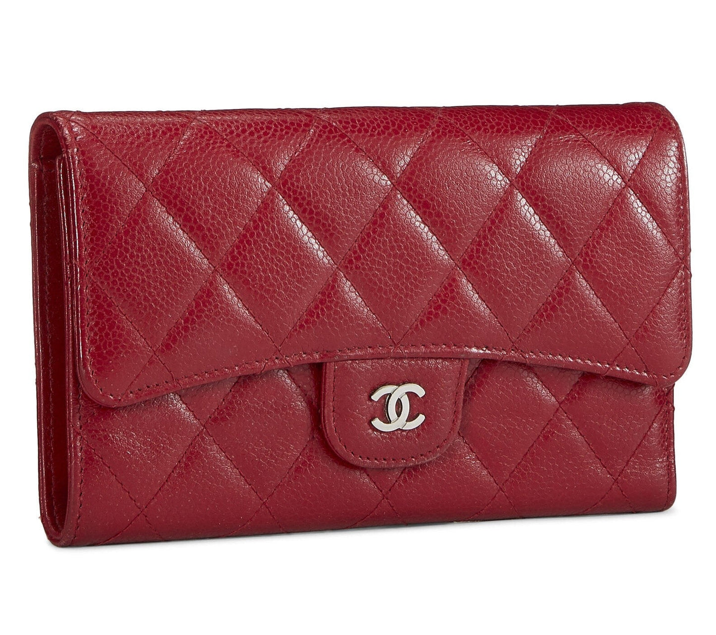 Chanel Caviar Quilted Red Flap Trifold Wallet Handbag