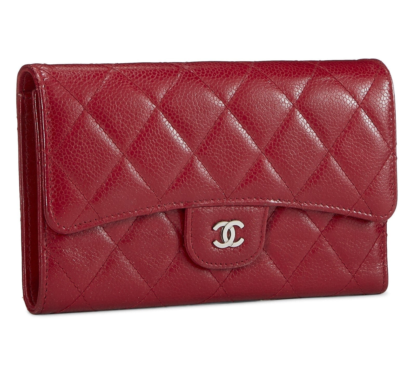 Chanel Caviar Quilted Red Flap Trifold Wallet Handbag