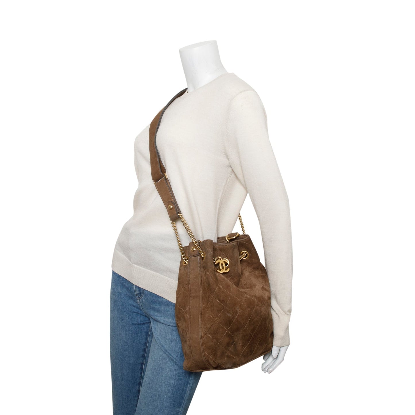 Chanel Suede Quilted On My Drawstring Brown Jewelry