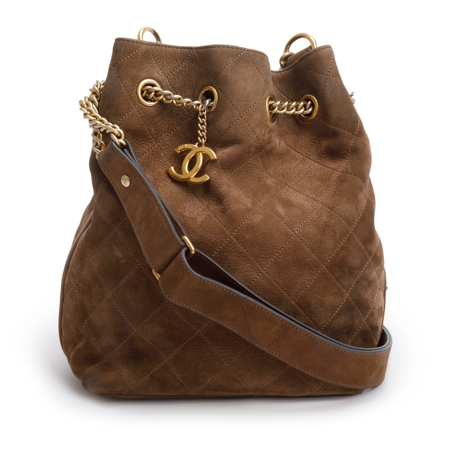 Chanel Suede Quilted On My Drawstring Brown Jewelry