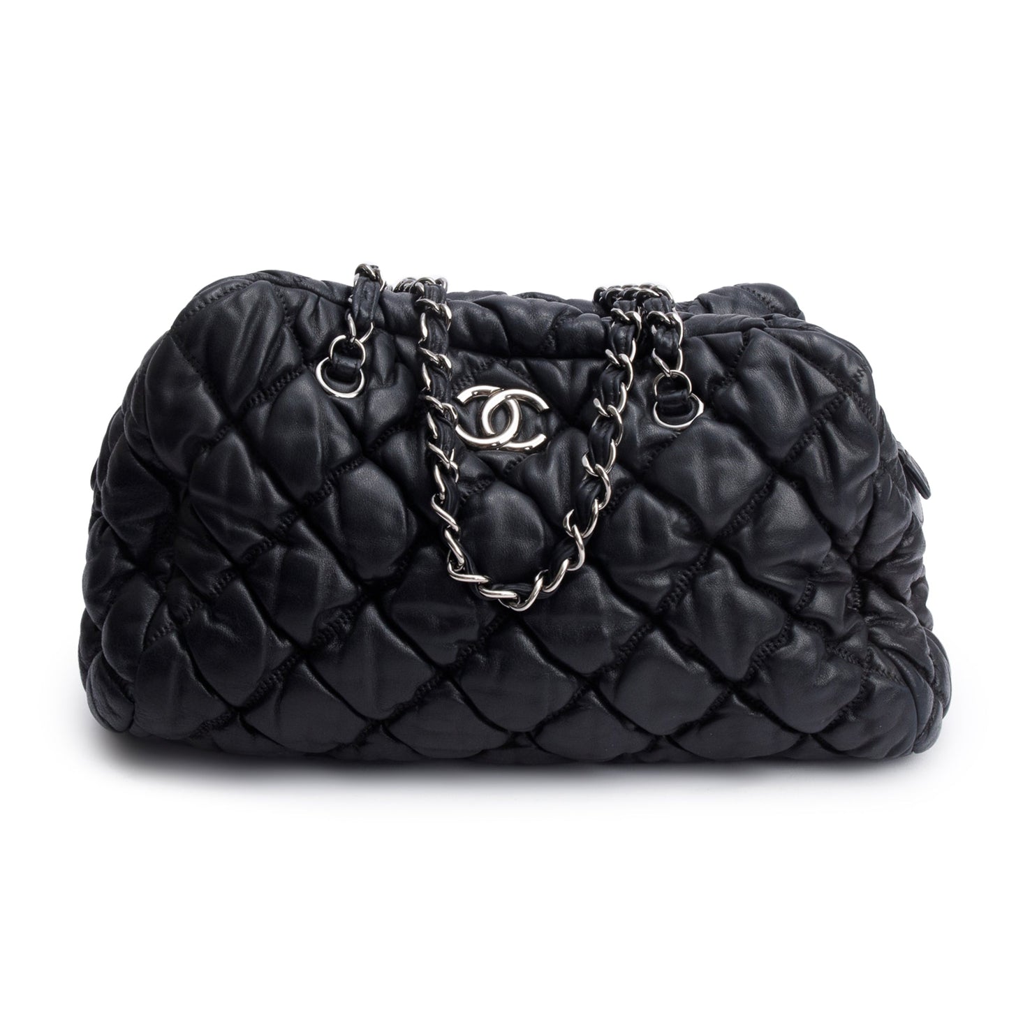 Chanel Bubble Quilt Bowler Leather Lambskin Black Travel Bag