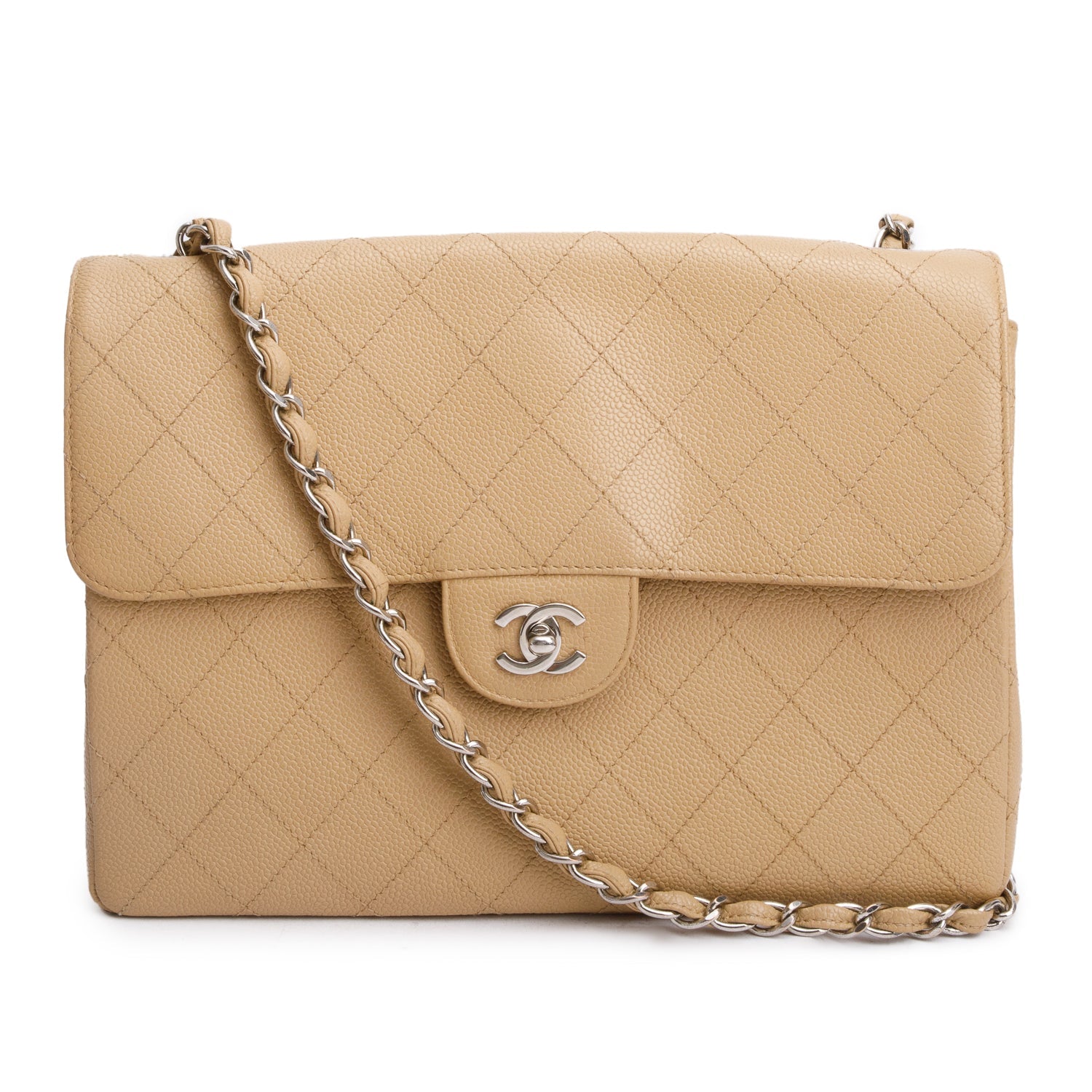 Chanel Caviar Jumbo Square Single Flap Beige Travel Bag