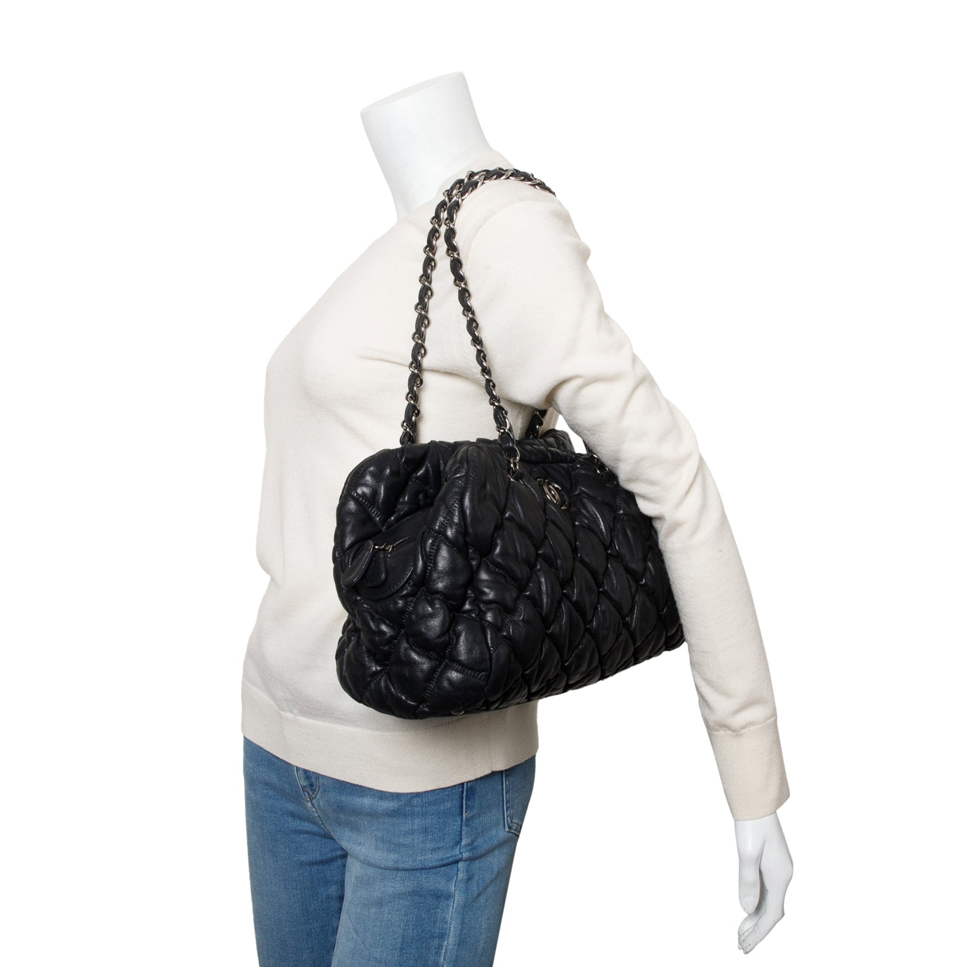 Chanel Bubble Quilt Bowler Leather Lambskin Black Travel Bag
