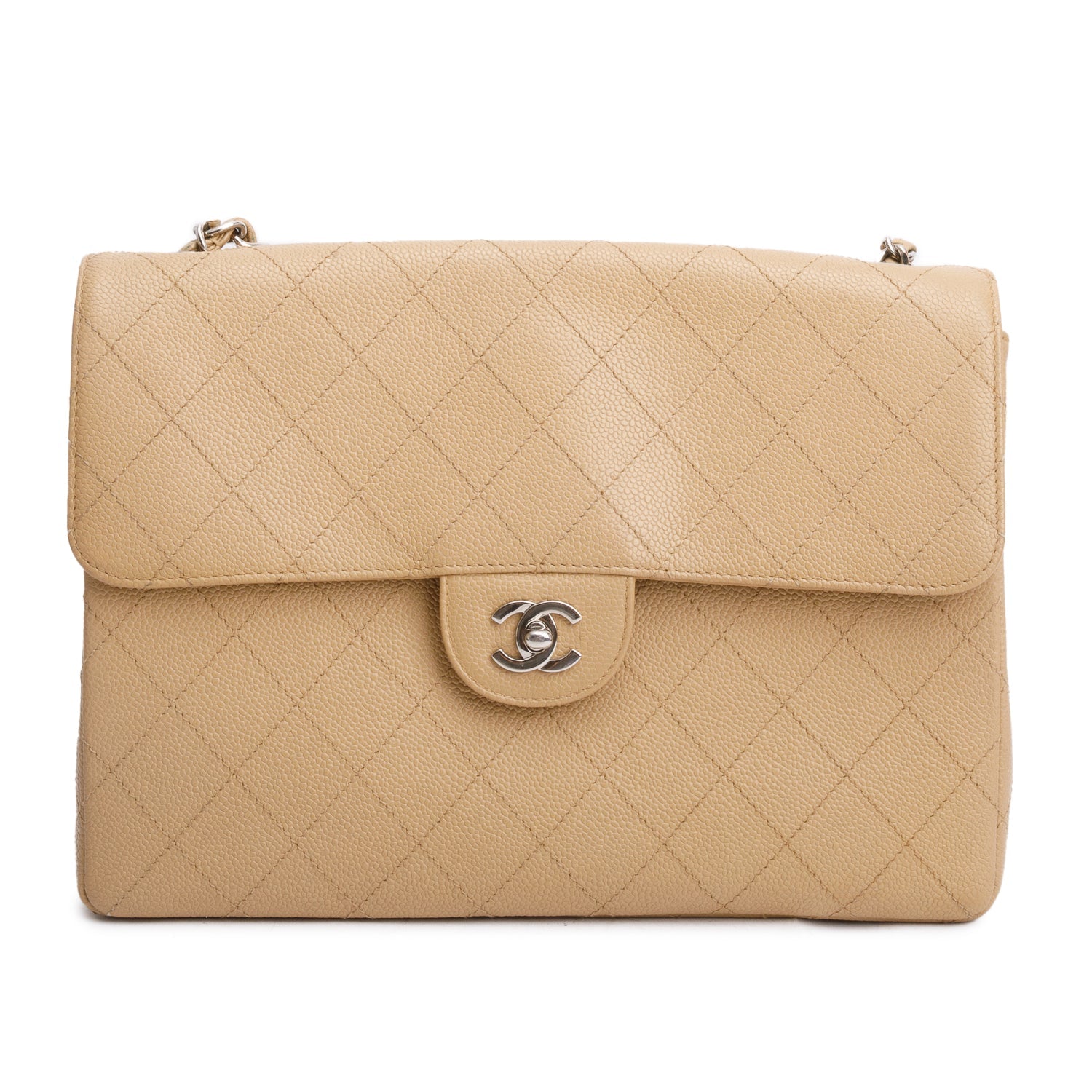Chanel Caviar Jumbo Square Single Flap Beige Travel Bag