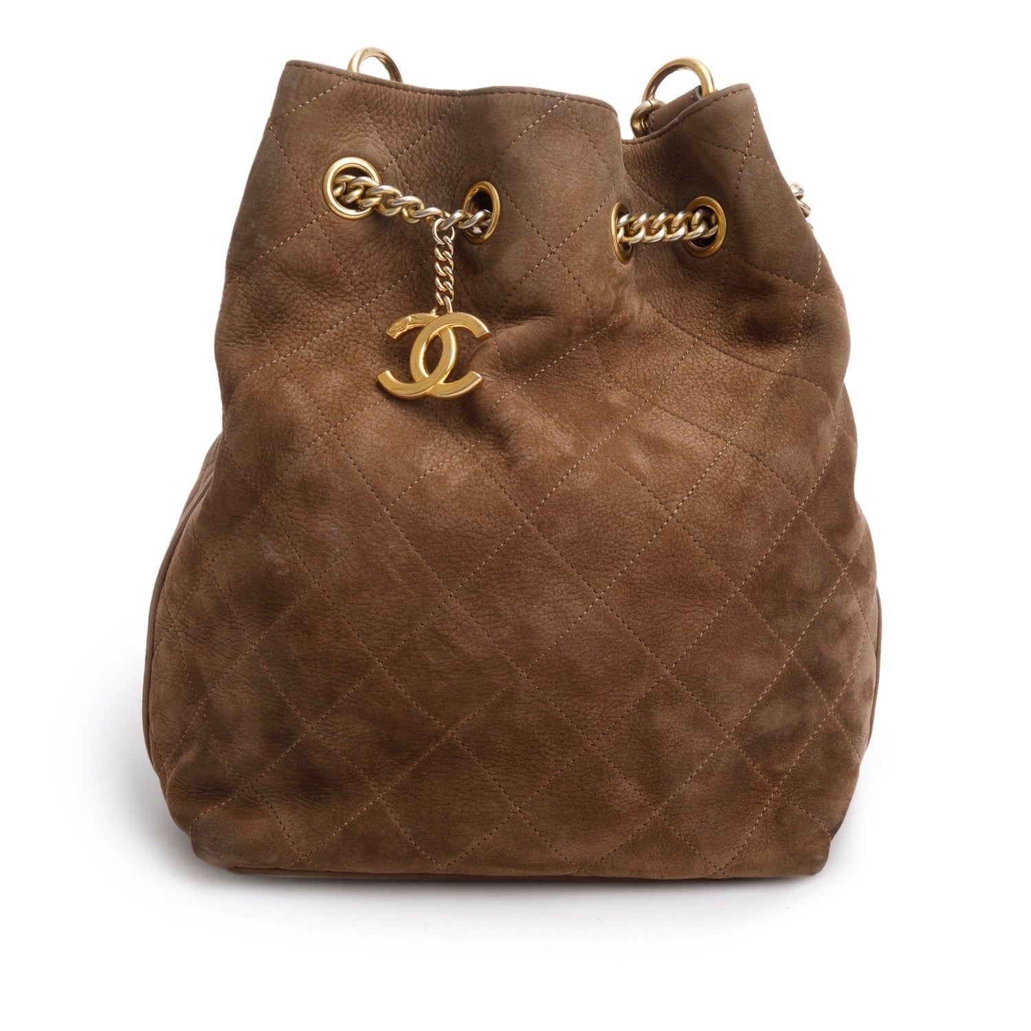 Chanel Suede Quilted On My Drawstring Brown Jewelry