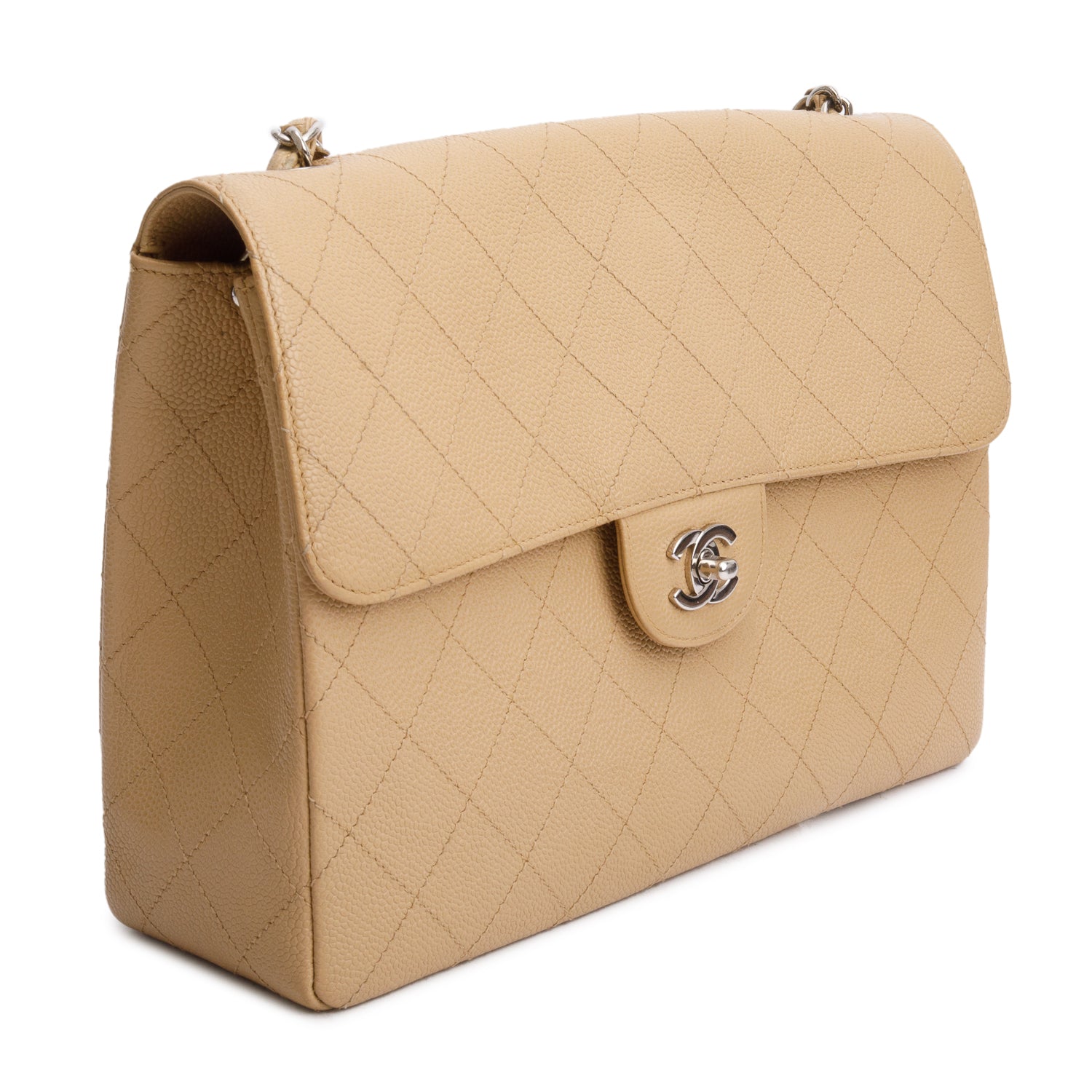 Chanel Caviar Jumbo Square Single Flap Beige Travel Bag