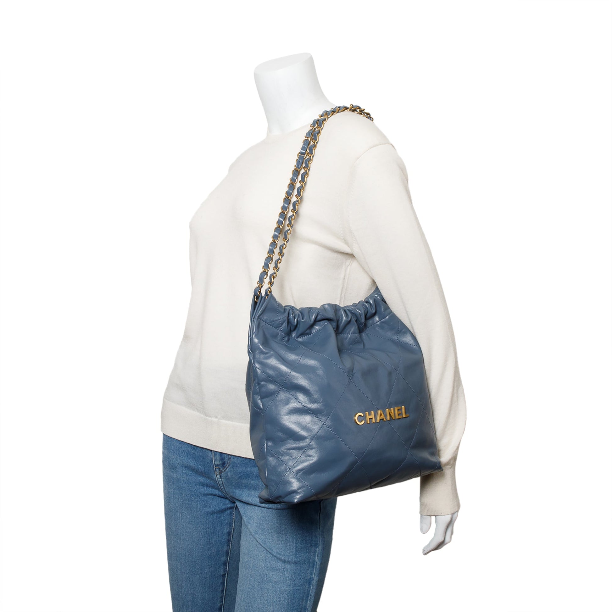 Chanel Shiny 22 Hobo Leather Calfskin Blue Travel Bag
