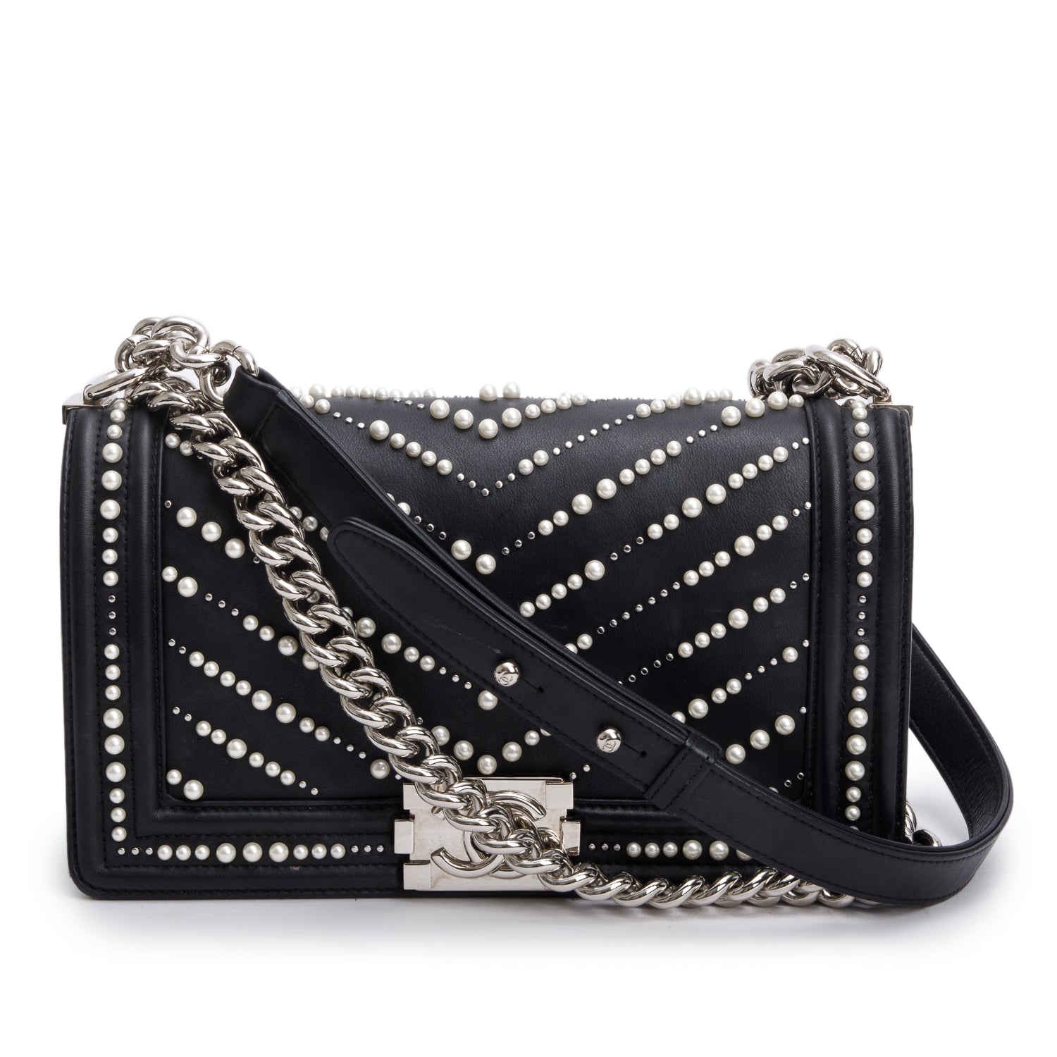 Chanel Chevron Pearl Boy Leather Calfskin Black Travel Bag