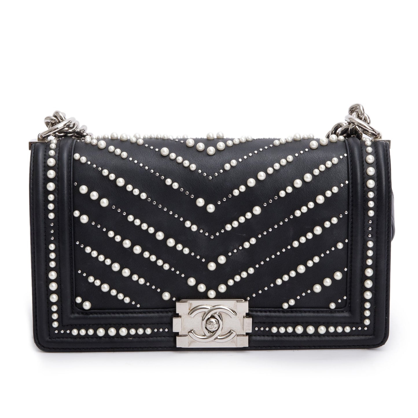 Chanel Chevron Pearl Boy Leather Calfskin Black Travel Bag