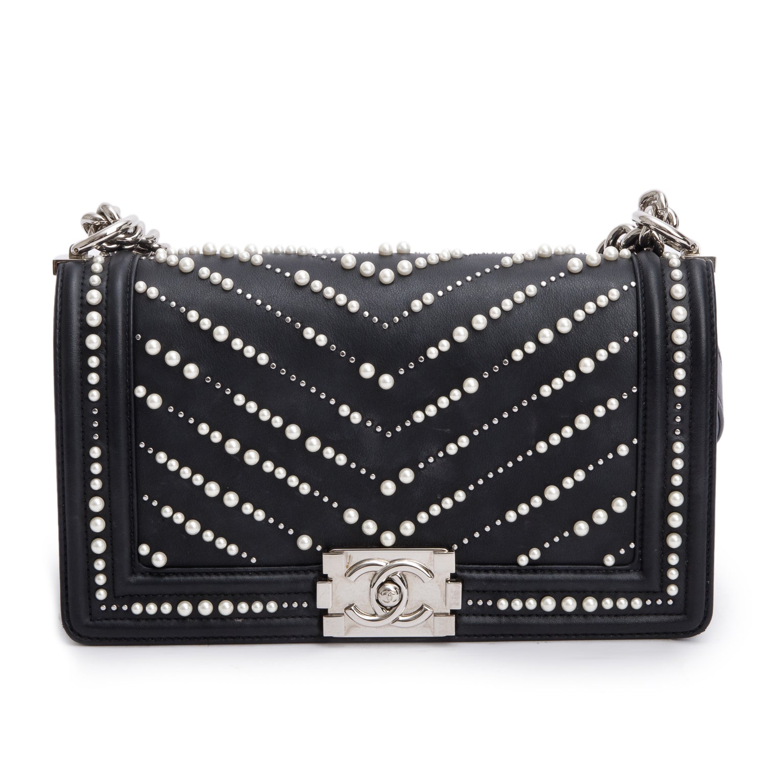 Chanel Chevron Pearl Boy Leather Calfskin Black Travel Bag