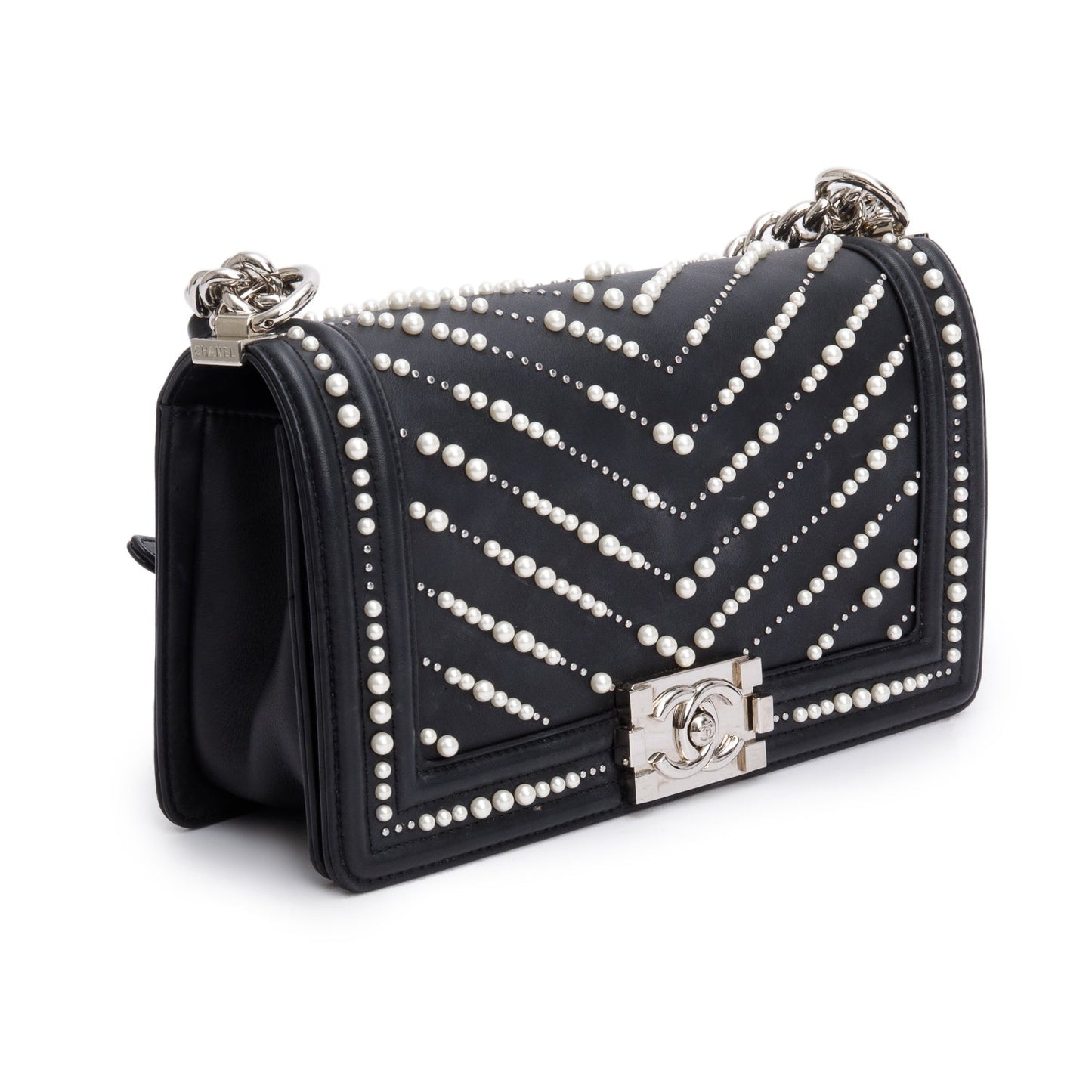 Chanel Chevron Pearl Boy Leather Calfskin Black Travel Bag