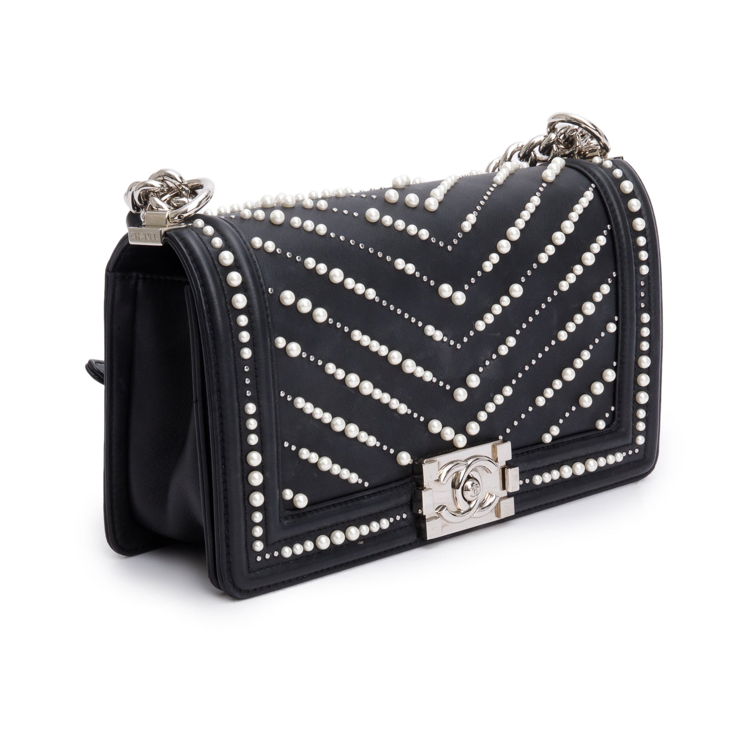 Chanel Chevron Pearl Boy Leather Calfskin Black Travel Bag