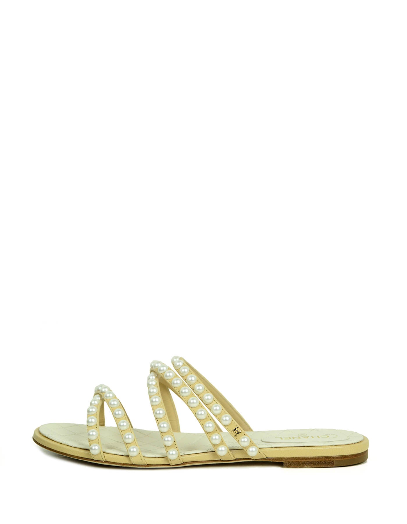 Chanel Beige Leather Faux Pearl Open Toe Flat Sandals Sz 38 for Women