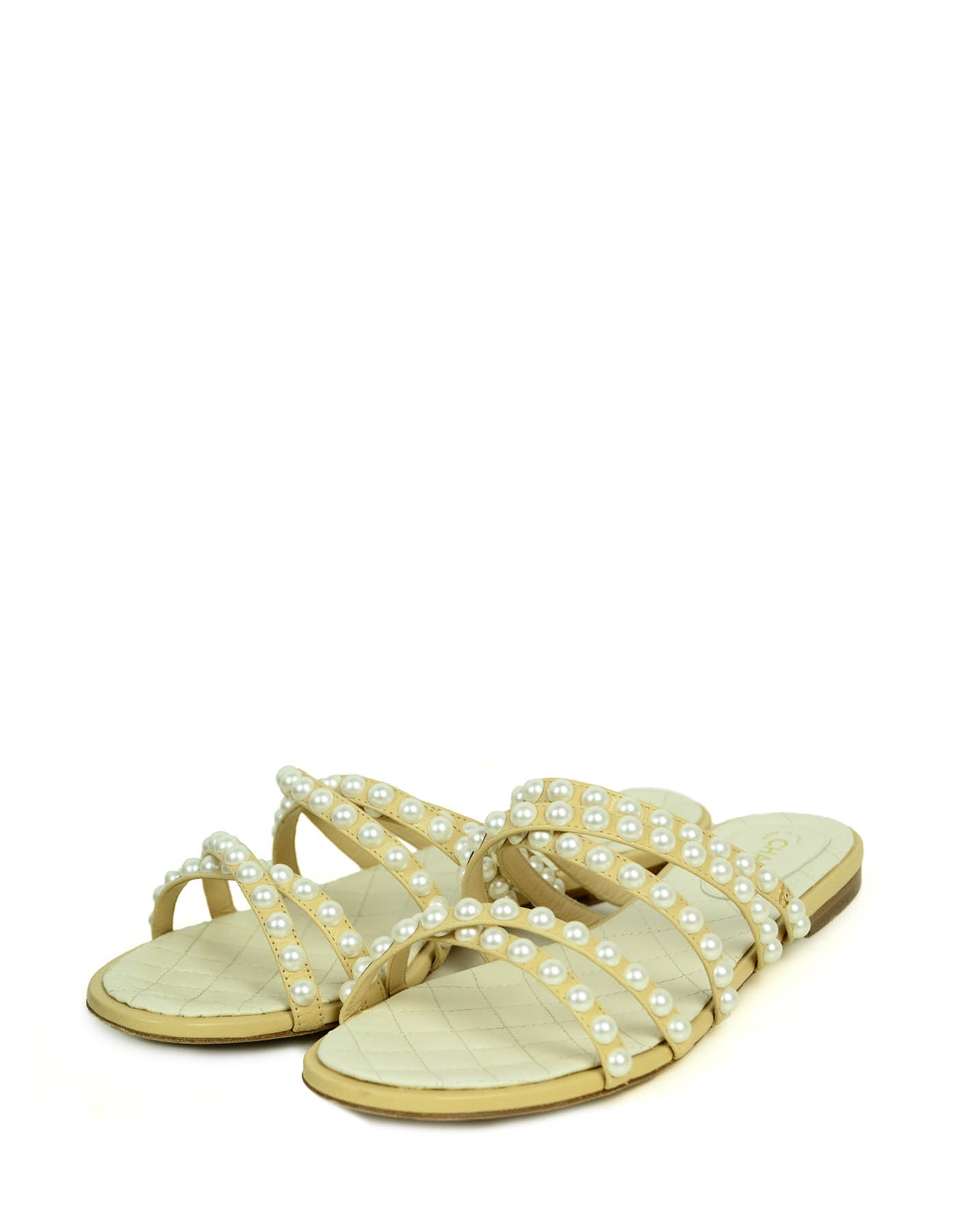 Chanel Beige Leather Faux Pearl Open Toe Flat Sandals Sz 38 for Women