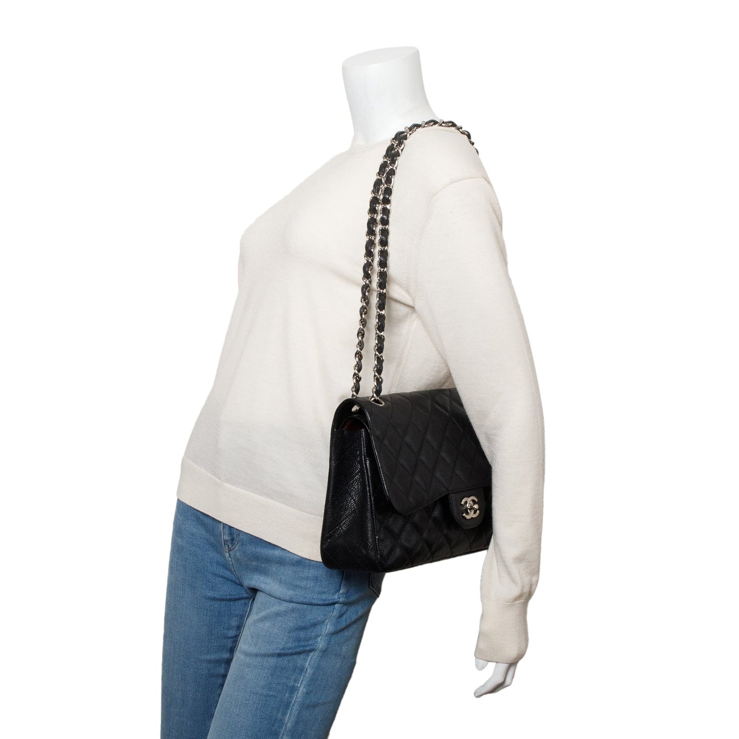Chanel Caviar Classic Jumbo Double Flap Leather Black Travel Bag 7