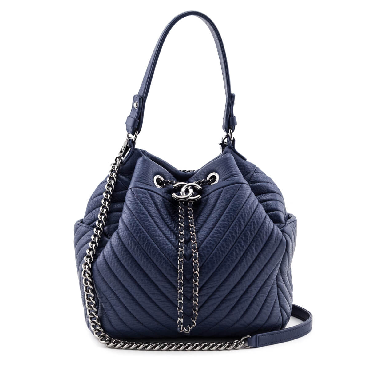Chanel Blue Quilted Deerskin Chevron Medium Chain Bucket Women Shoes