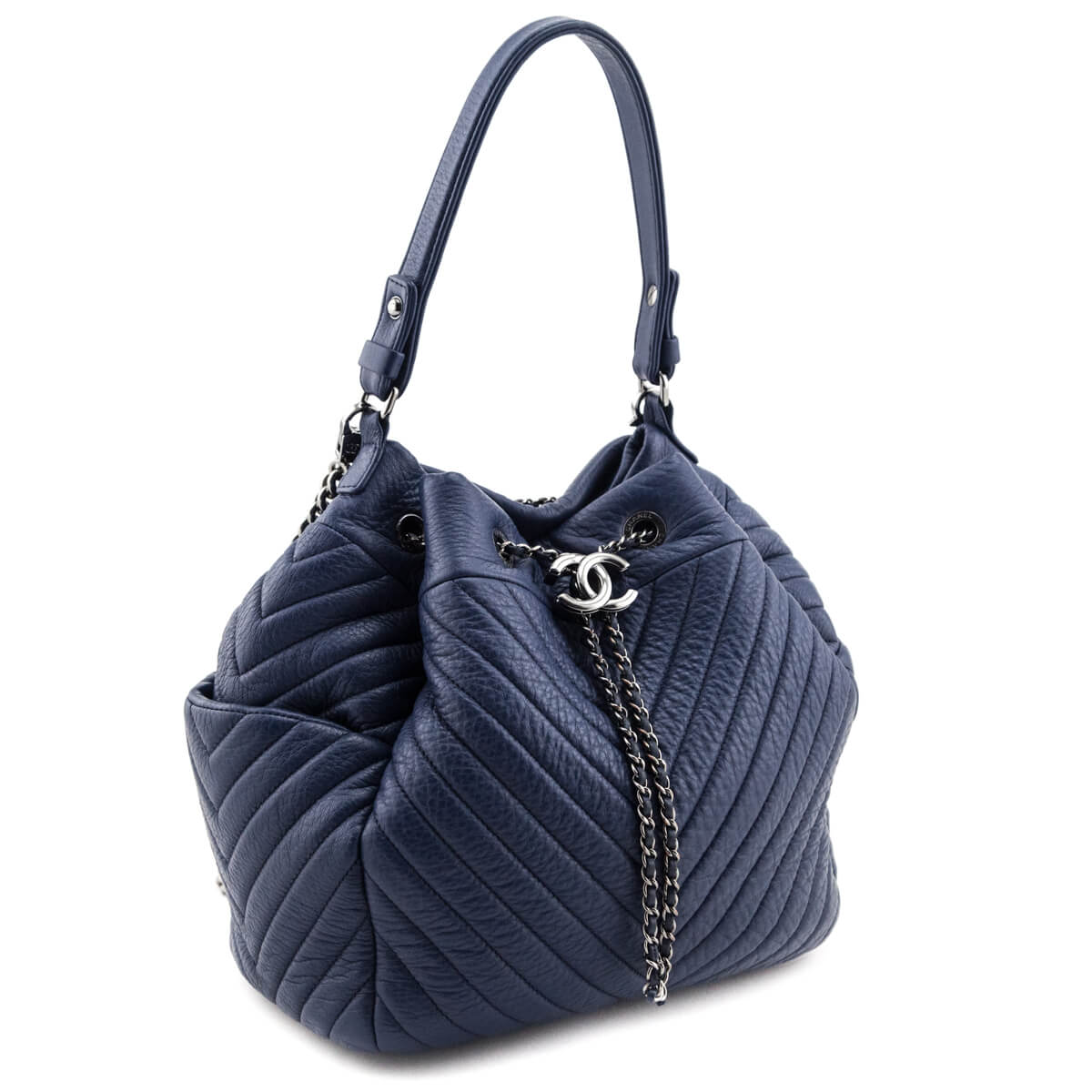 Chanel Blue Quilted Deerskin Chevron Medium Chain Bucket Women Shoes