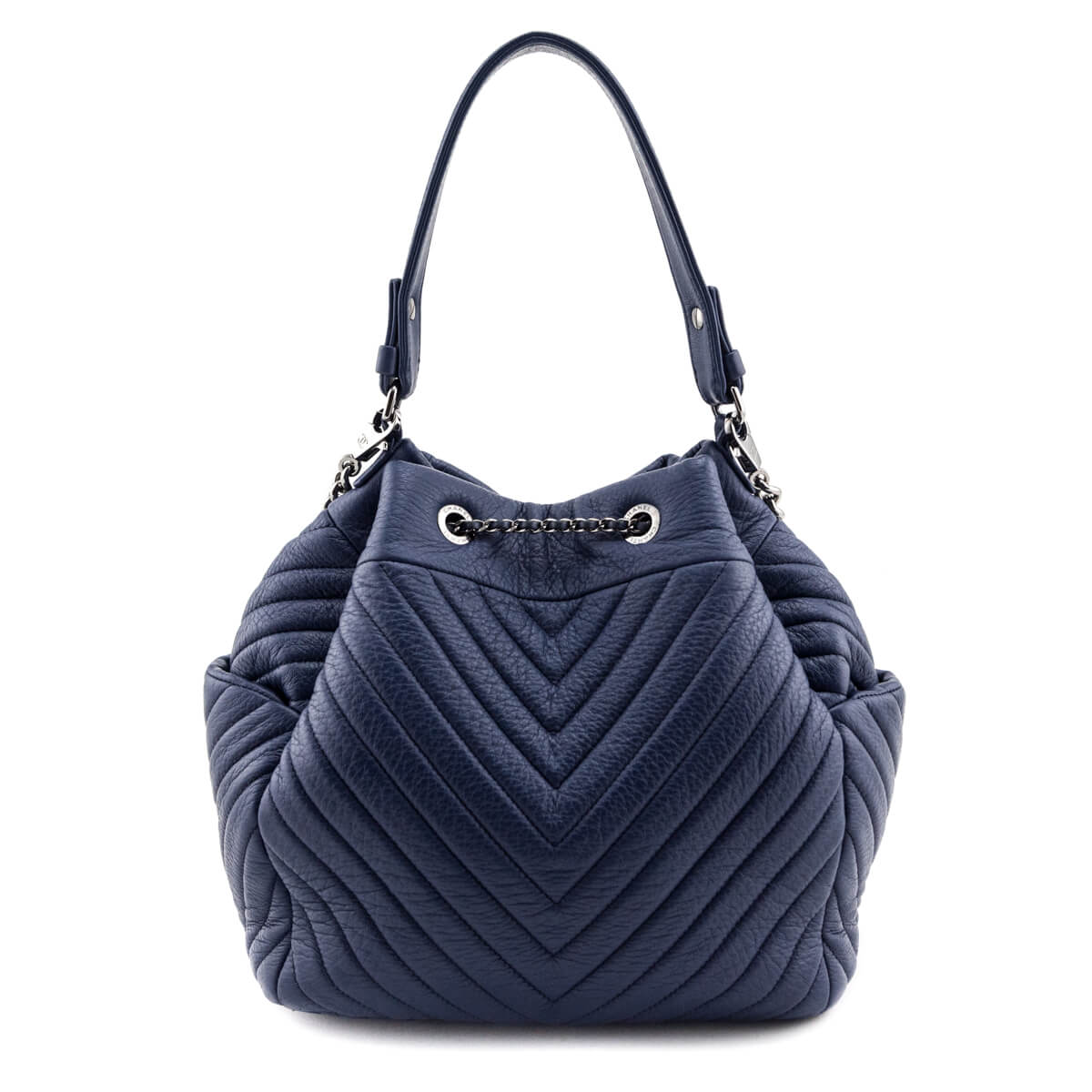 Chanel Blue Quilted Deerskin Chevron Medium Chain Bucket Women Shoes