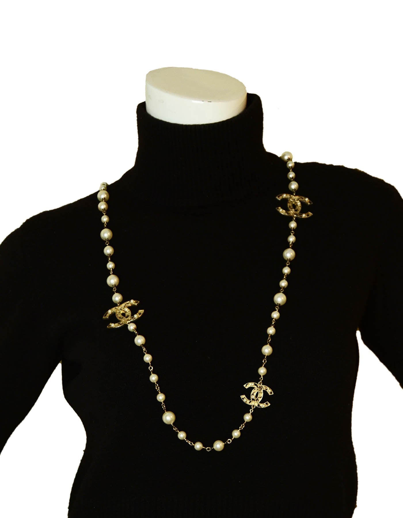 Chanel 40" Faux Pearl Necklace W/ CC Logos