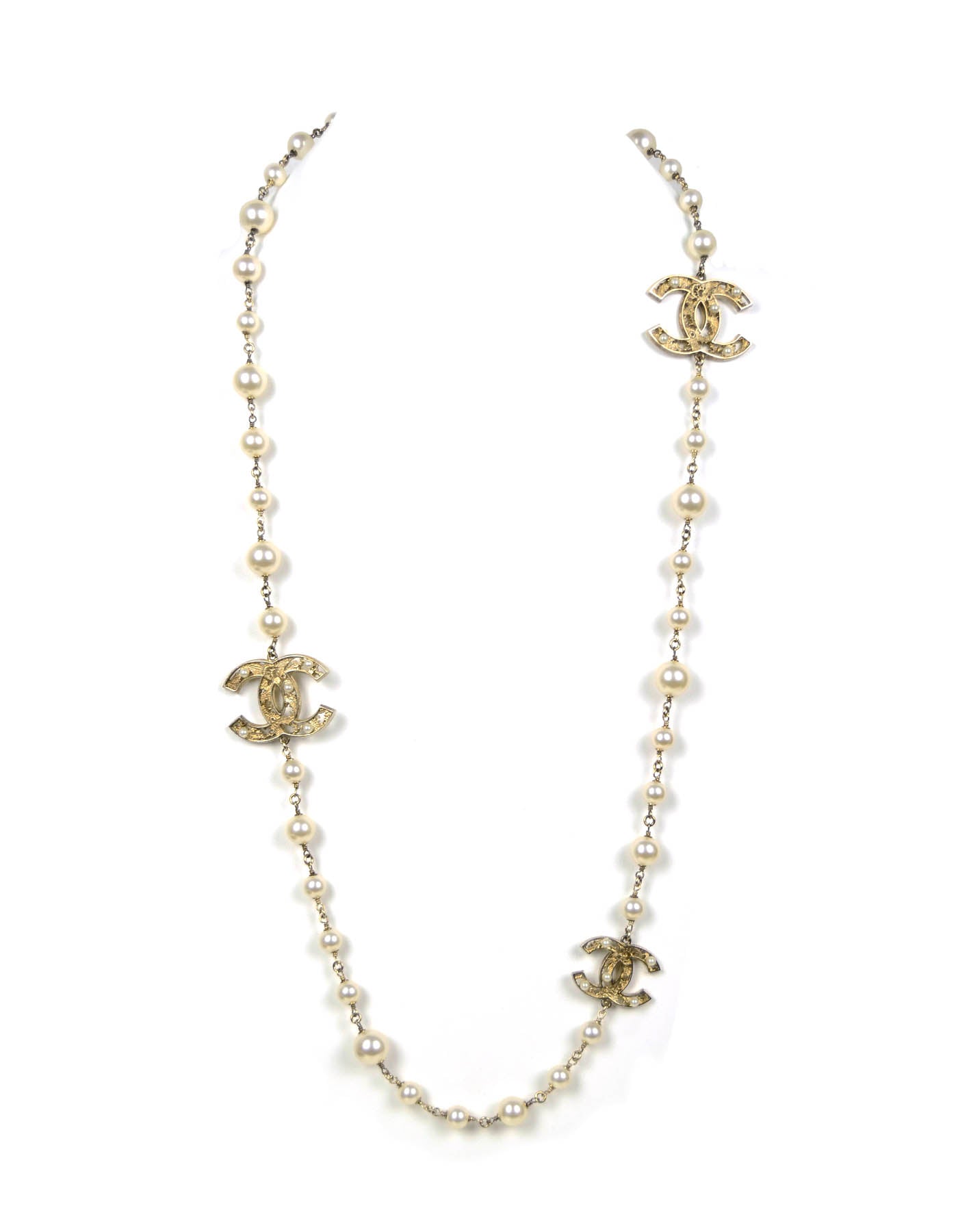Chanel 40" Faux Pearl Necklace W/ CC Logos