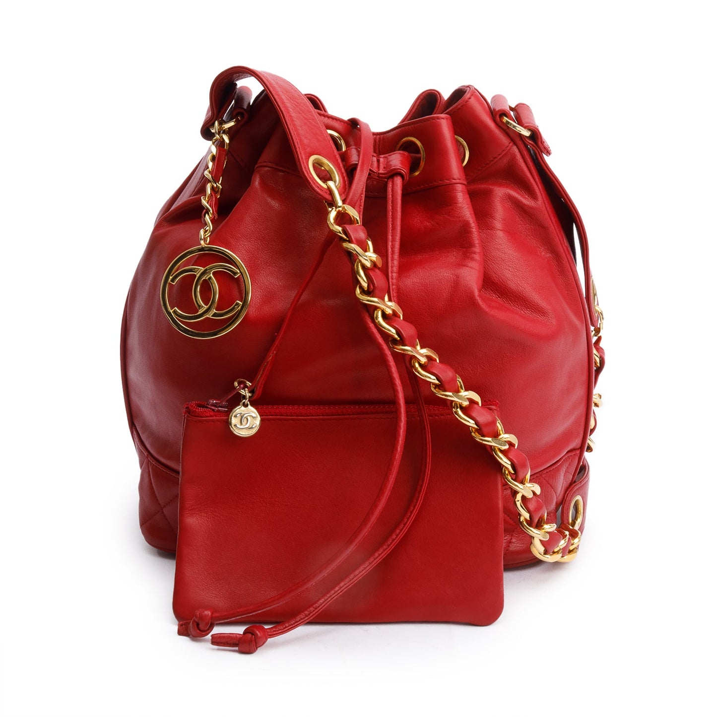 Chanel Quilted CC Bucket Leather Lambskin Red Travel Bag
