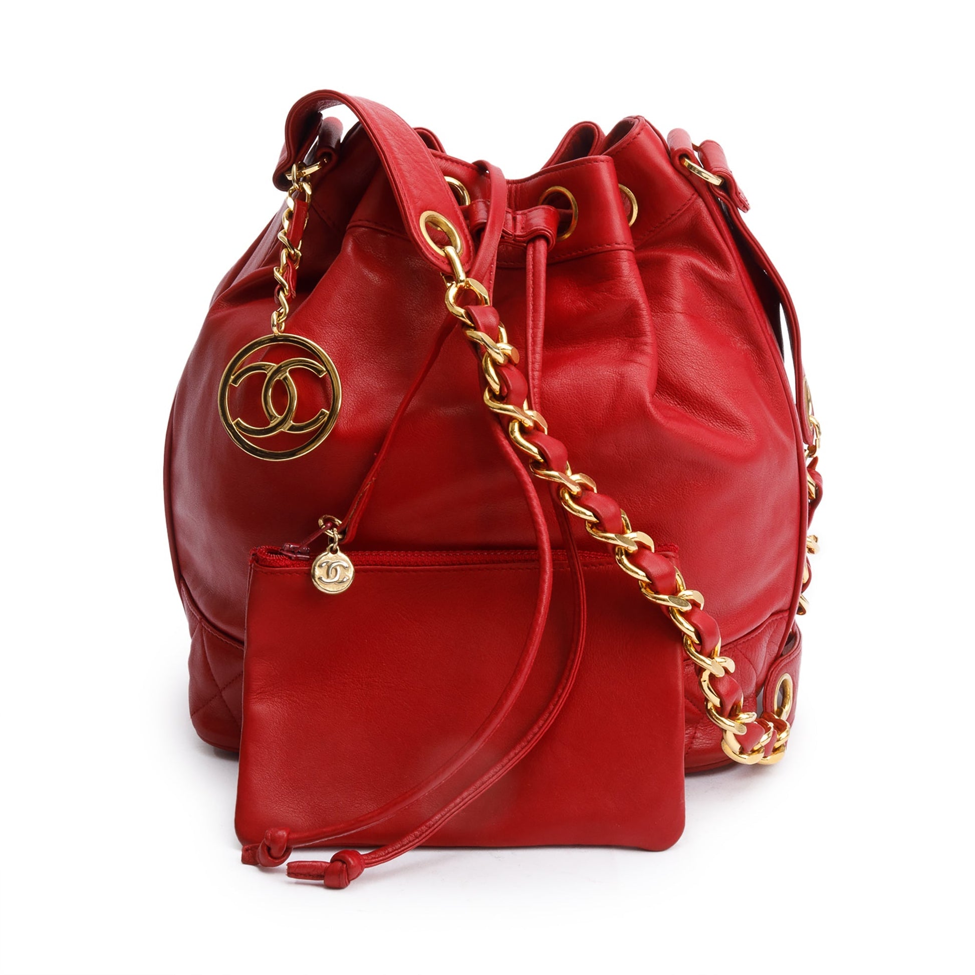 Chanel Quilted CC Bucket Leather Lambskin Red Travel Bag