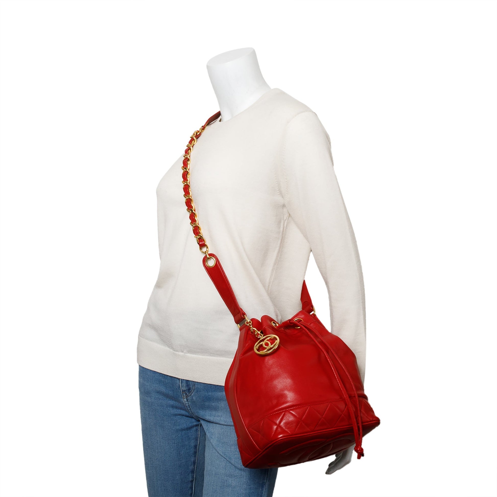 Chanel Quilted CC Bucket Leather Lambskin Red Travel Bag