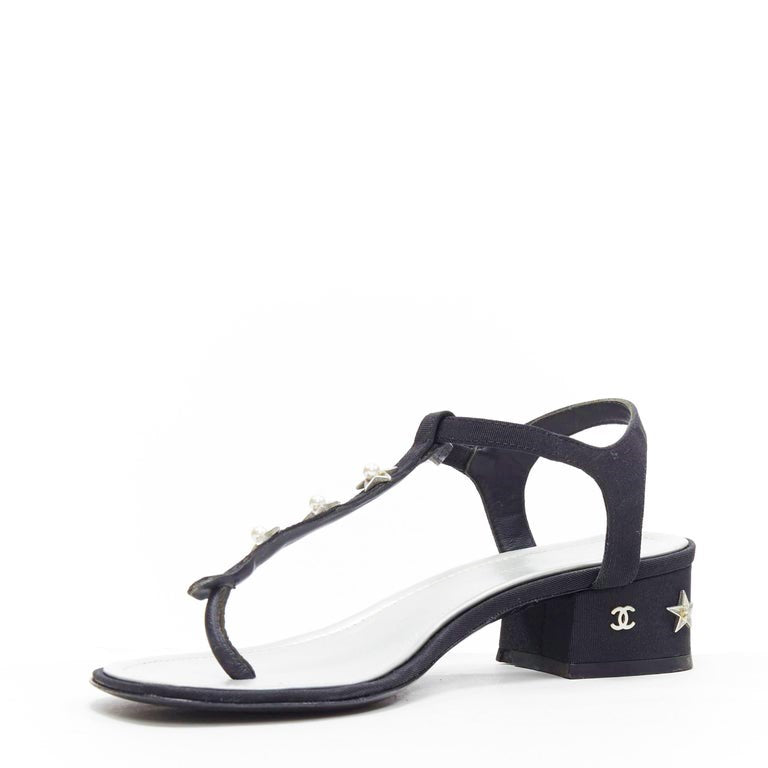 Chanel T Strap Pearl Embellished Block Heel Sandals for Women
