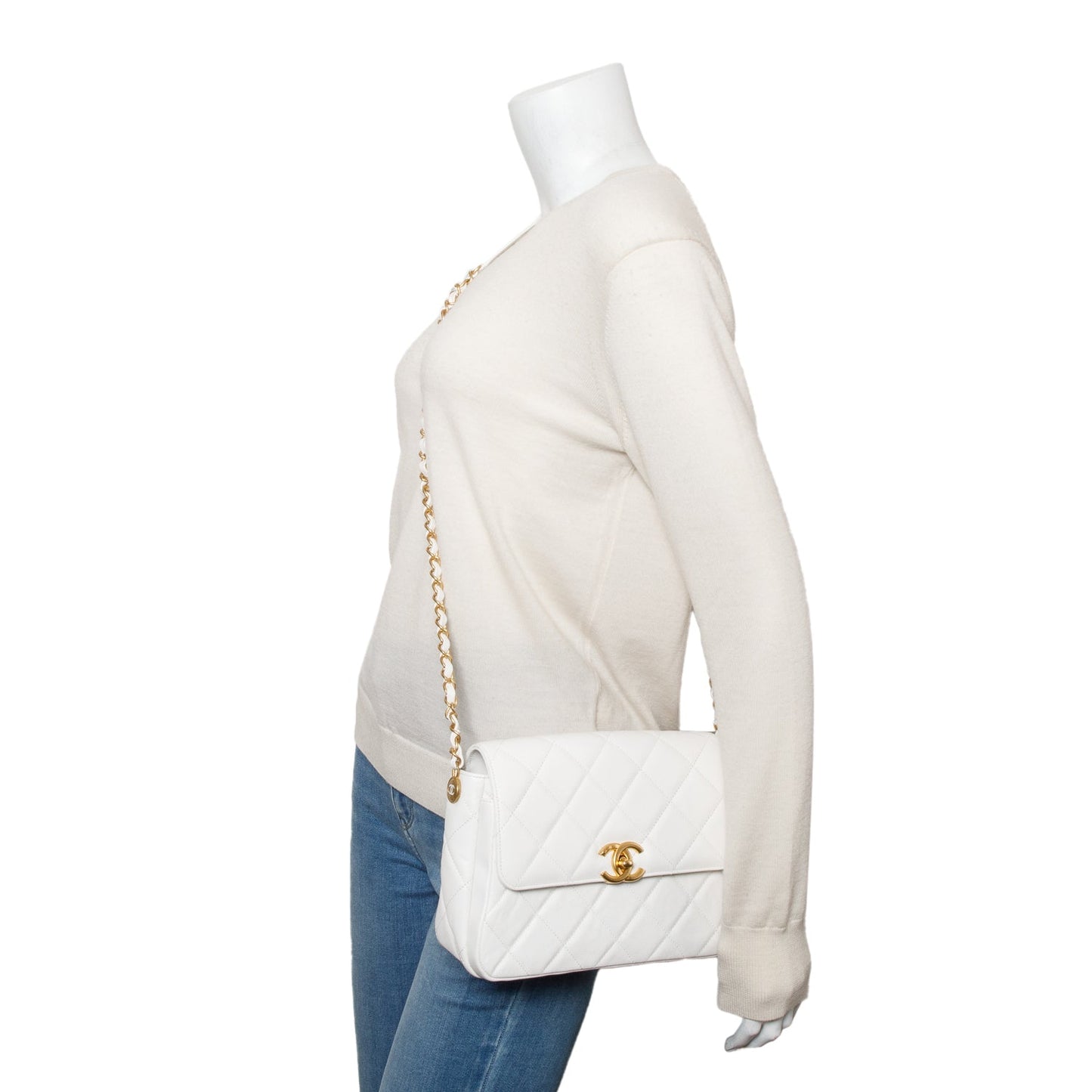Chanel Quilted Caviar CC Side Note Leather White Travel Bag