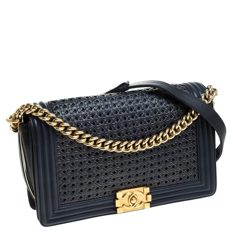 Chanel Woven Leather Medium Boy Flap Bag Hs