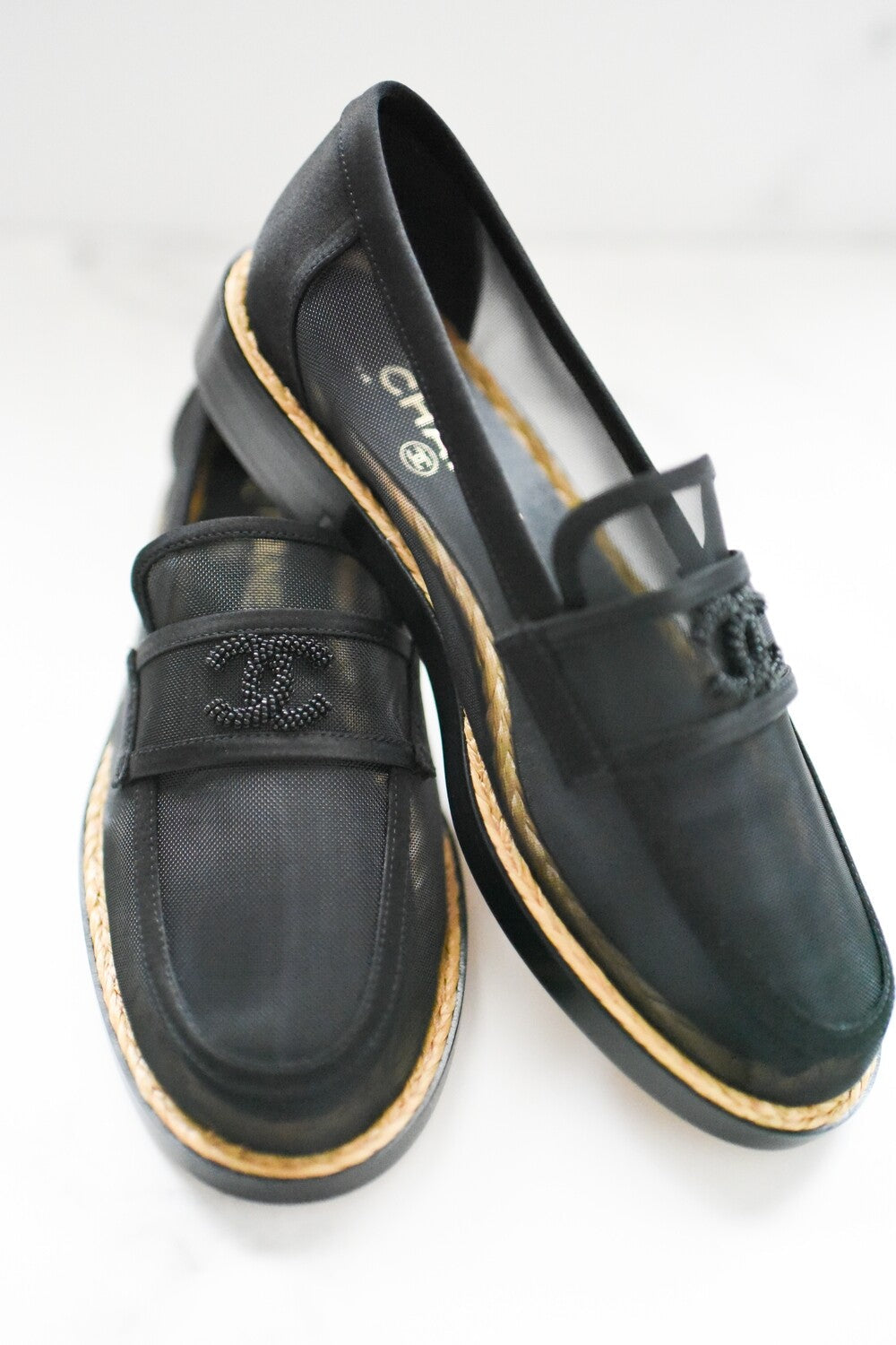 Chanel Mesh & Satin Beaded CC Slip on Loafers for Women