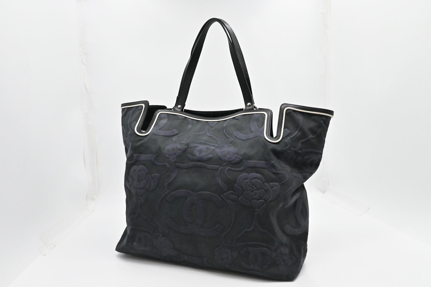 Chanel Camellia Black Blue Green Canvas Tote Bag