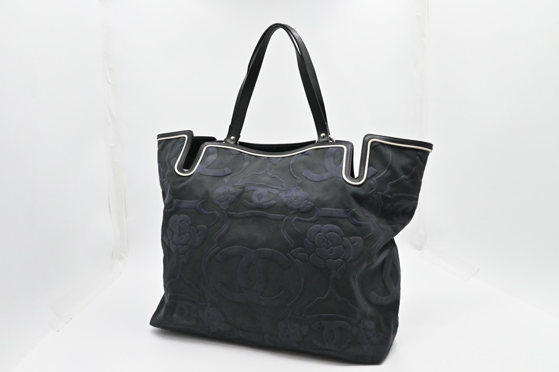 Chanel Camellia Black Blue Green Canvas Tote Bag