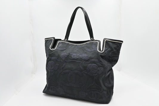 Chanel Camellia Black Blue Green Canvas Tote Bag