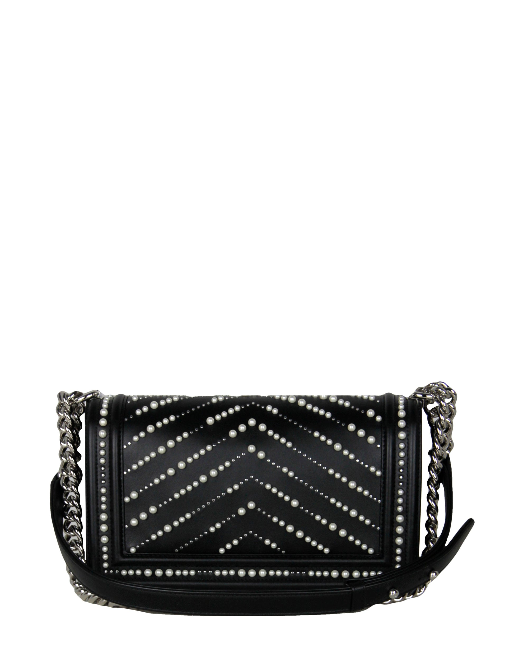 Chanel Black Calfskin Leather Chevron Pearl Boy Bag