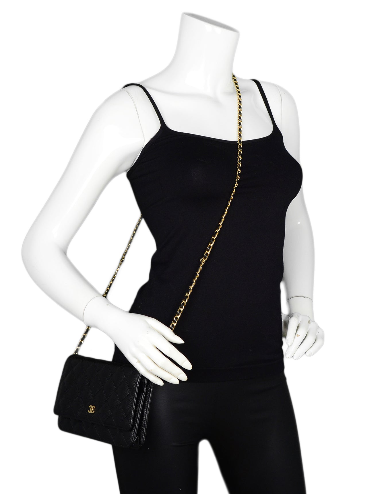 Chanel Black Caviar Leather Quilted Wallet on Chain WOC Women