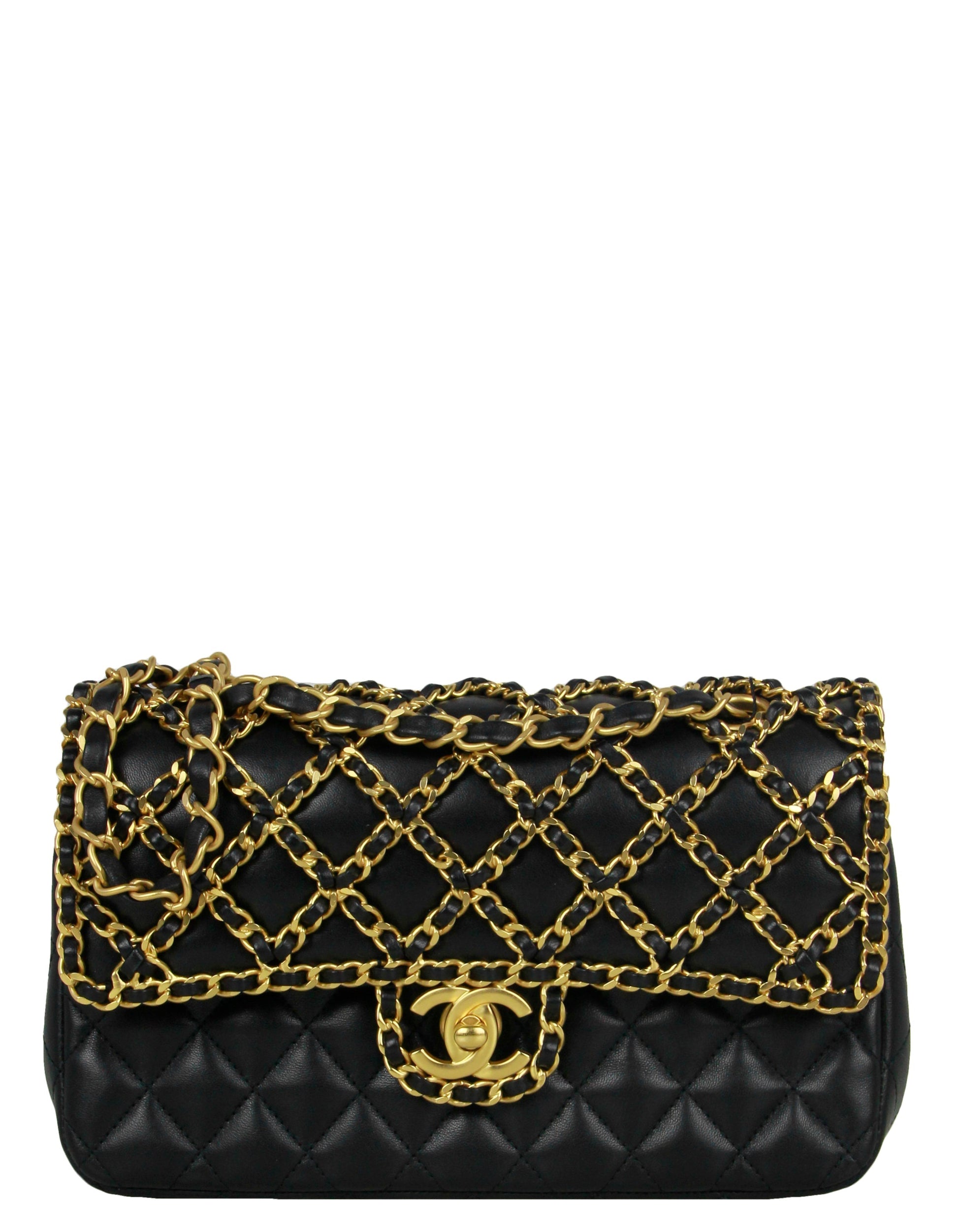 Chanel Black Lambskin Leather Classic Cage Woven Chain Flap Women Shoes