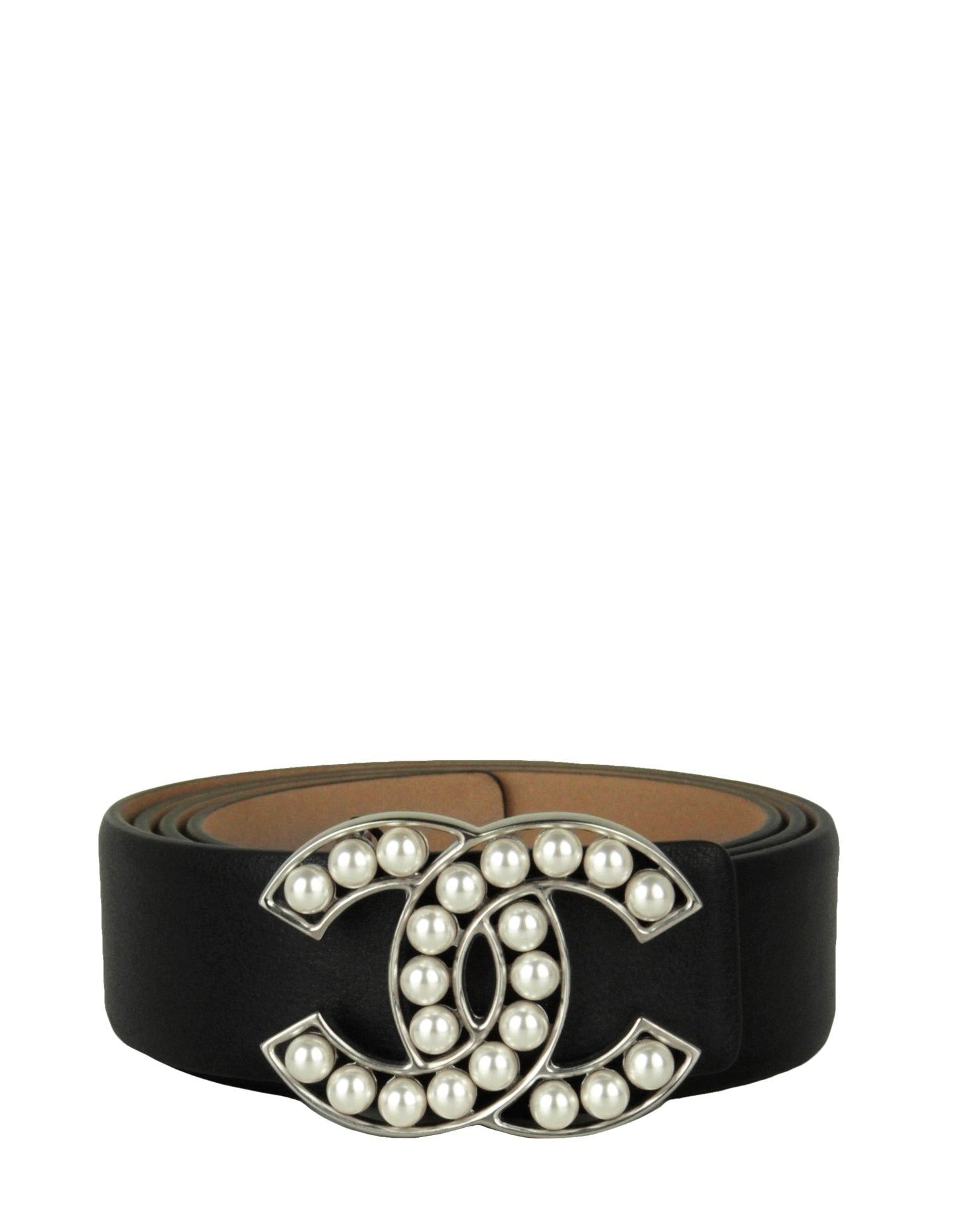 Chanel Black Leather Leather Pearl Cc Logo Belt Sz 85 Bag