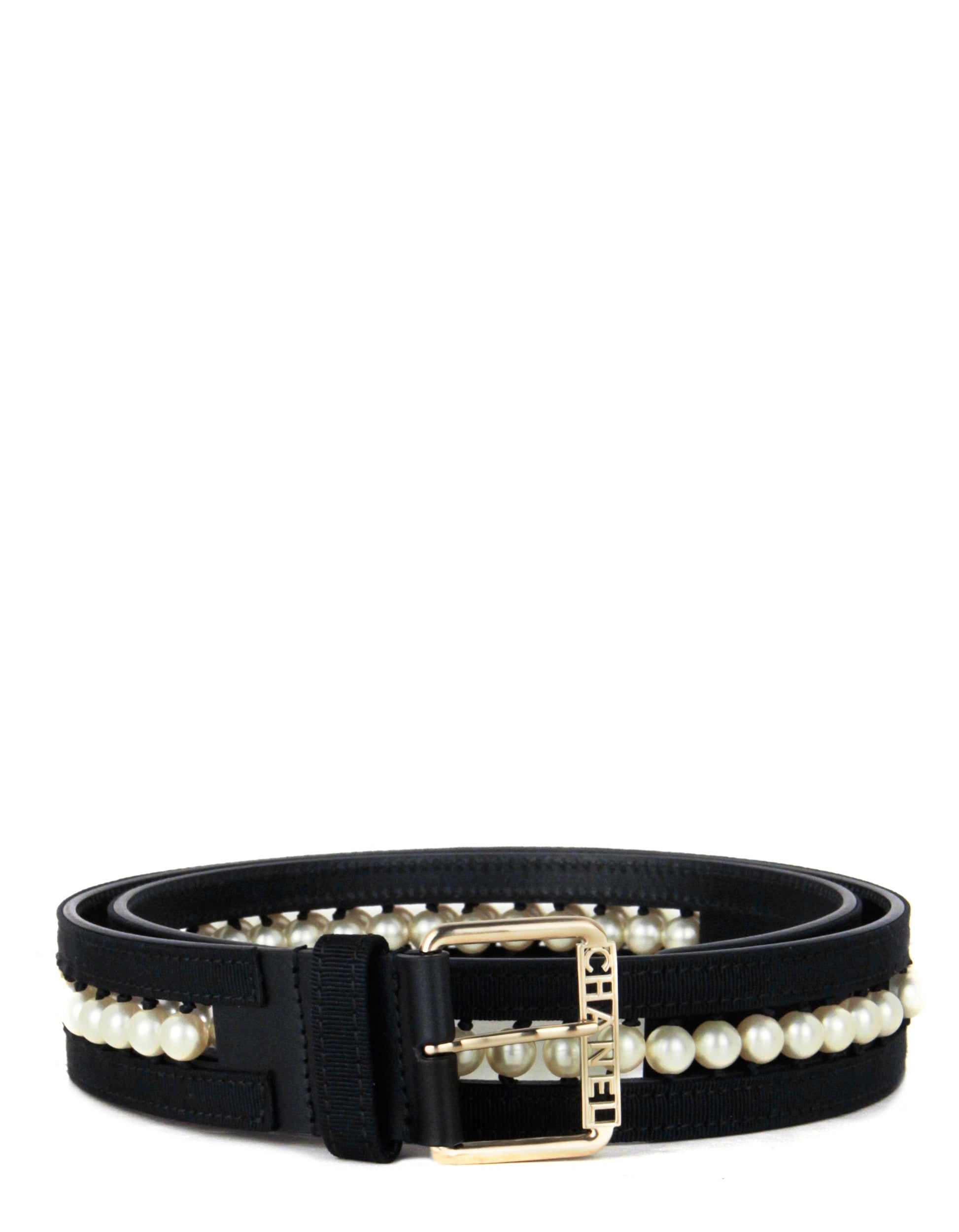 Chanel Nwt Black Leather & Grosgrain Pearl Belt Sz 90 Bag