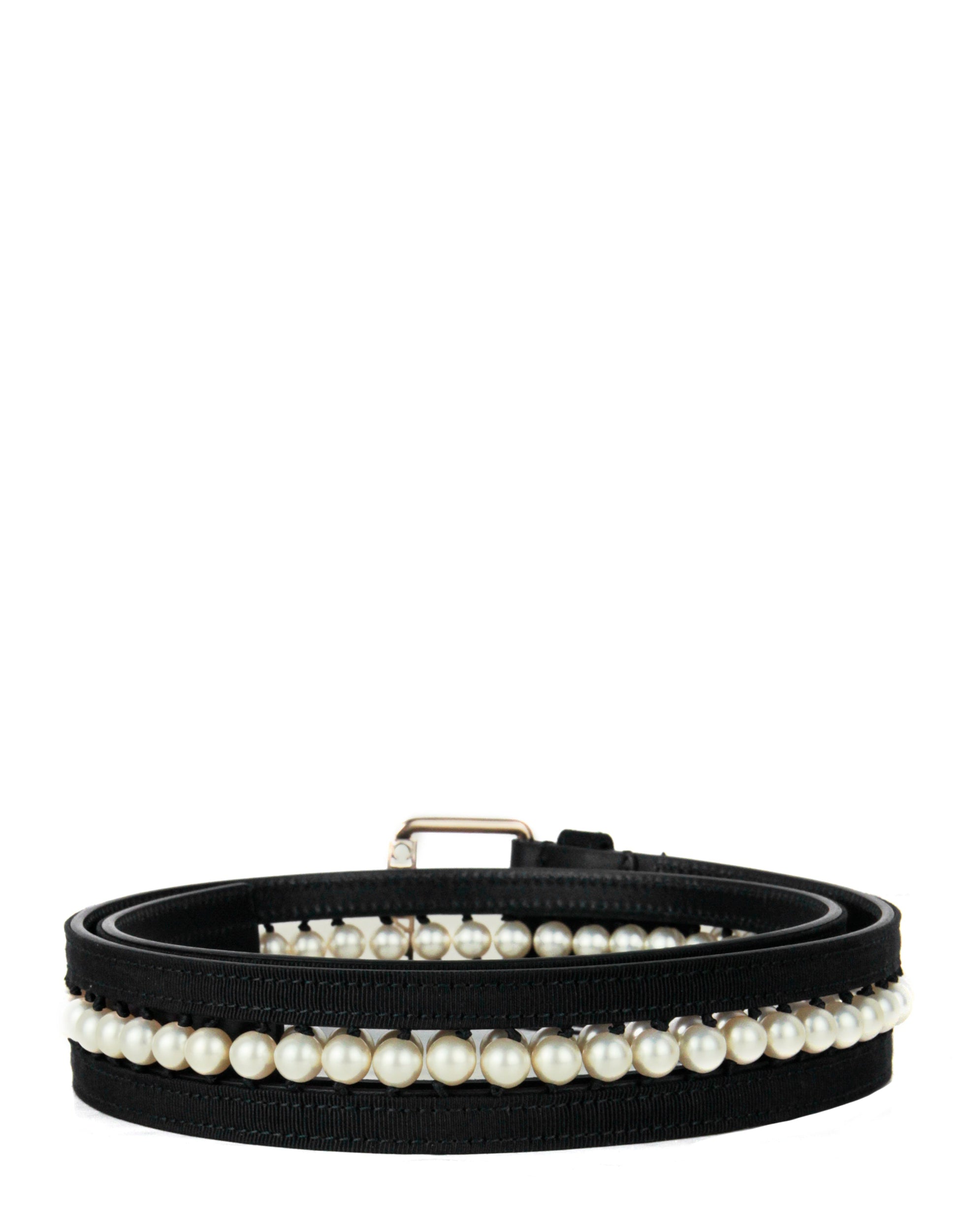 Chanel Nwt Black Leather & Grosgrain Pearl Belt Sz 90 Bag