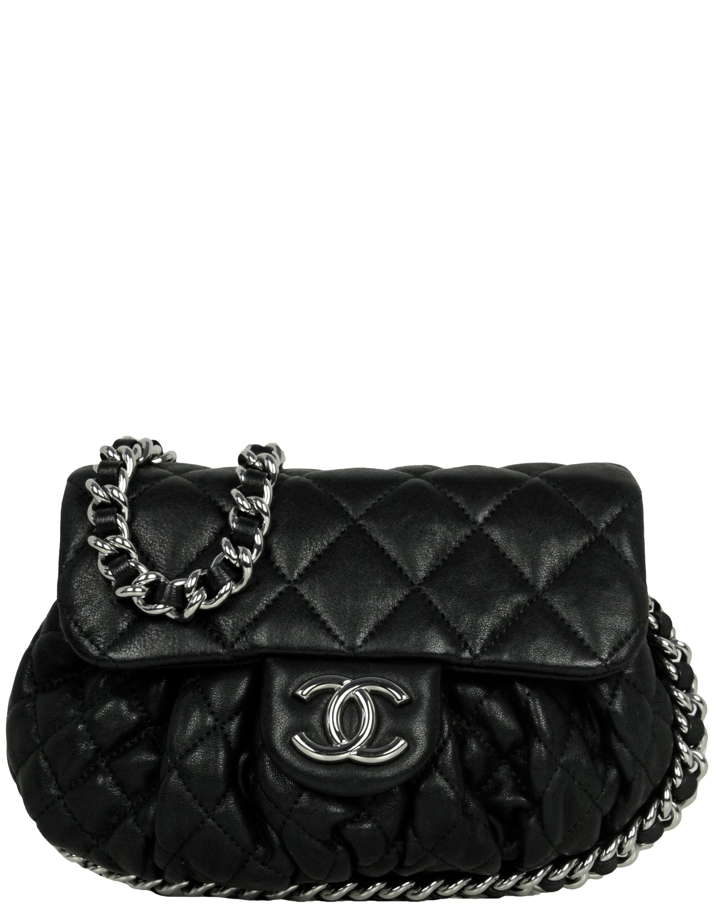 Chanel Black Washed Lambskin Quilted Mini Chain Around Flap Bag