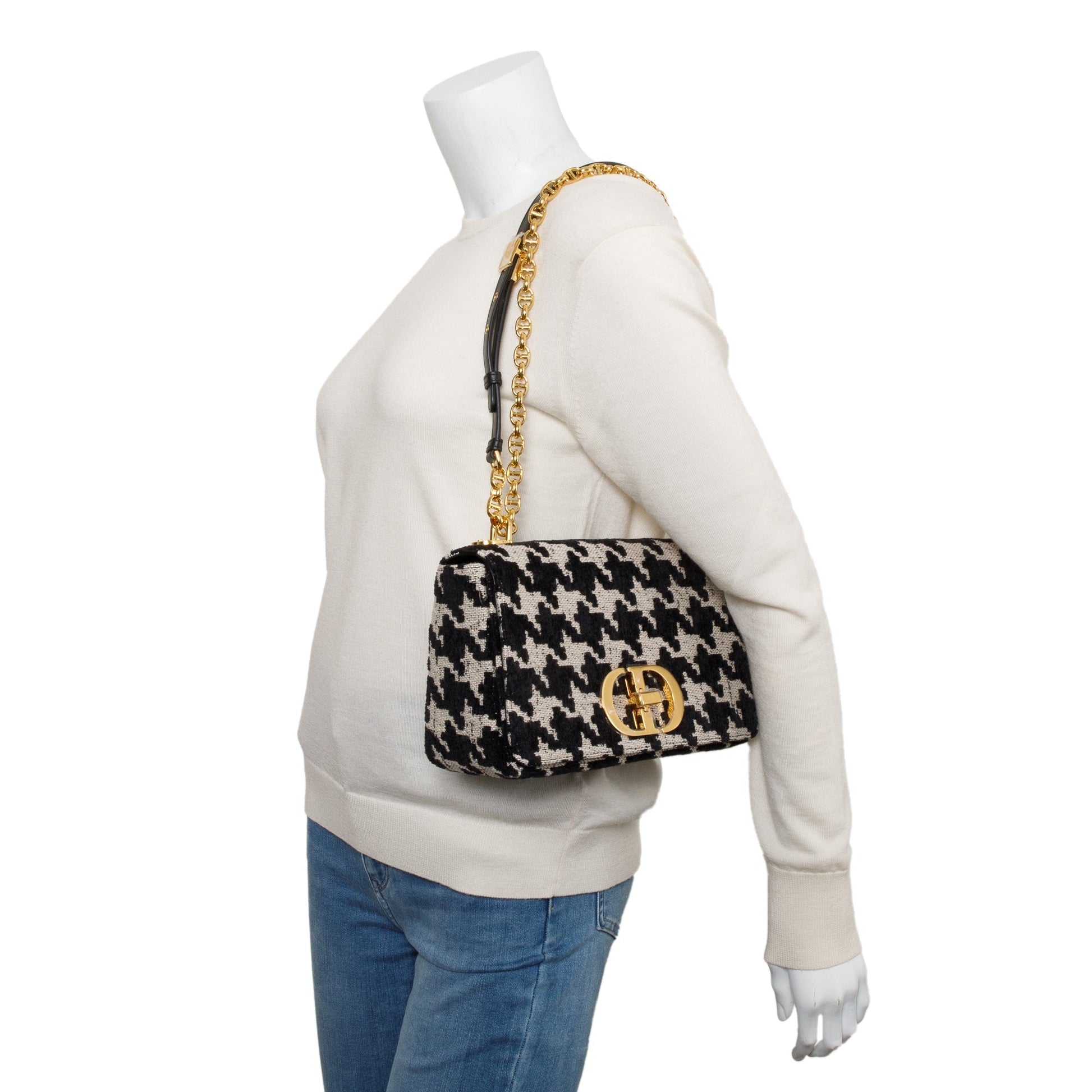 Dior Christian Technical Macro Houndstooth Medium Caro Bag Canvas Black Travel Bag